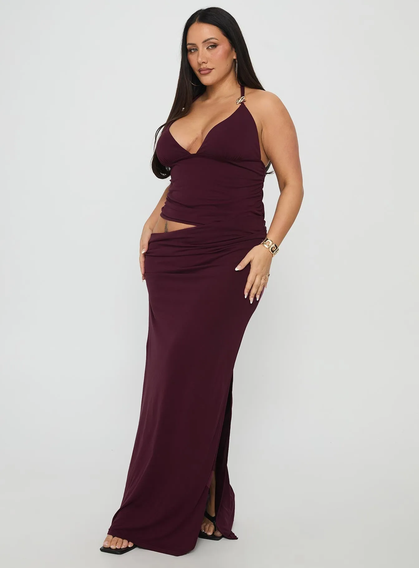 Beautiful event maxi Fashion-forward long piece Imeraldia Hardware Halter Maxi Dress Currant Curve