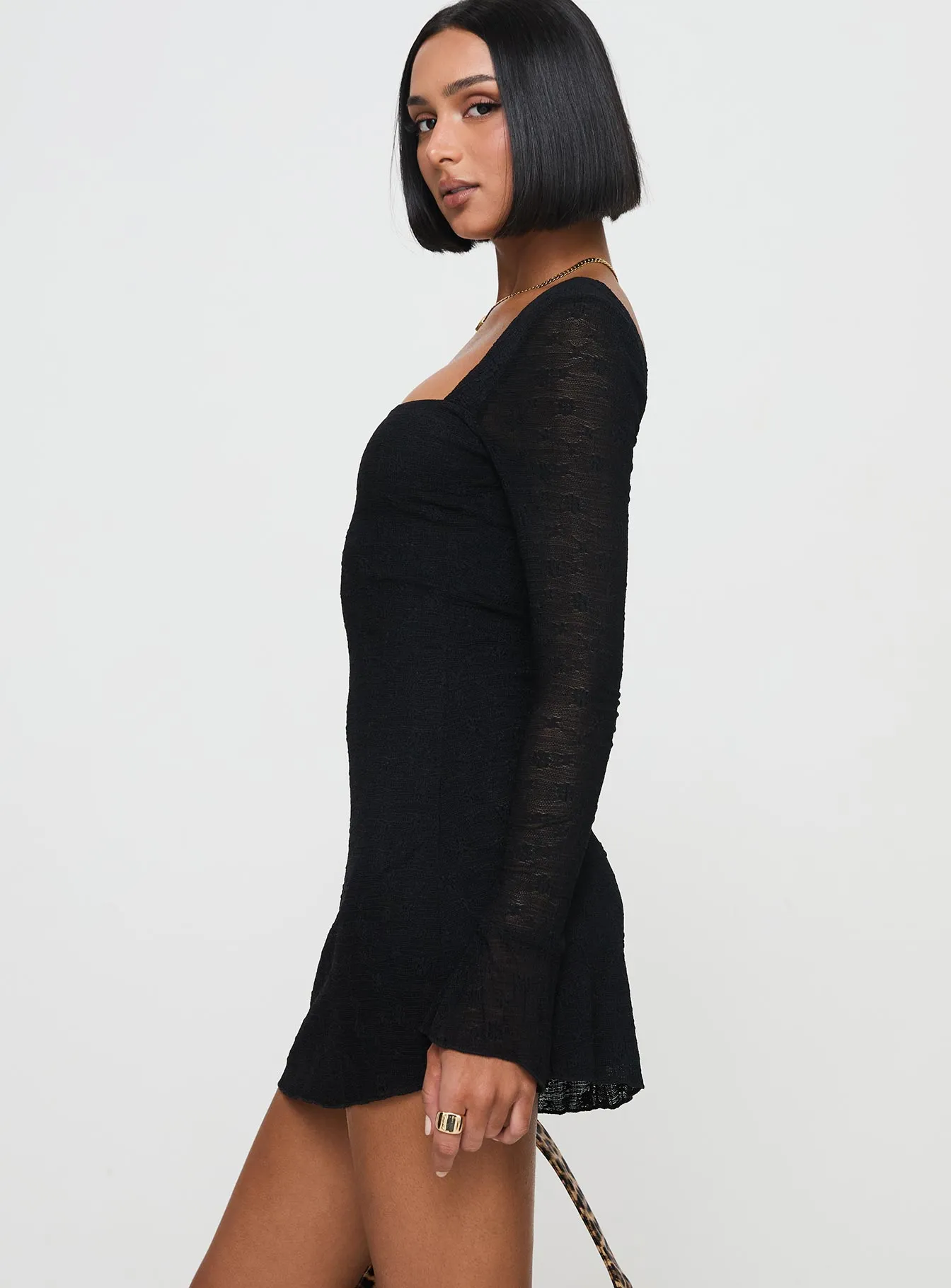 Lanchester Long Sleeve Mini Dress Black Cozy Fashion Wear Y2K Feel