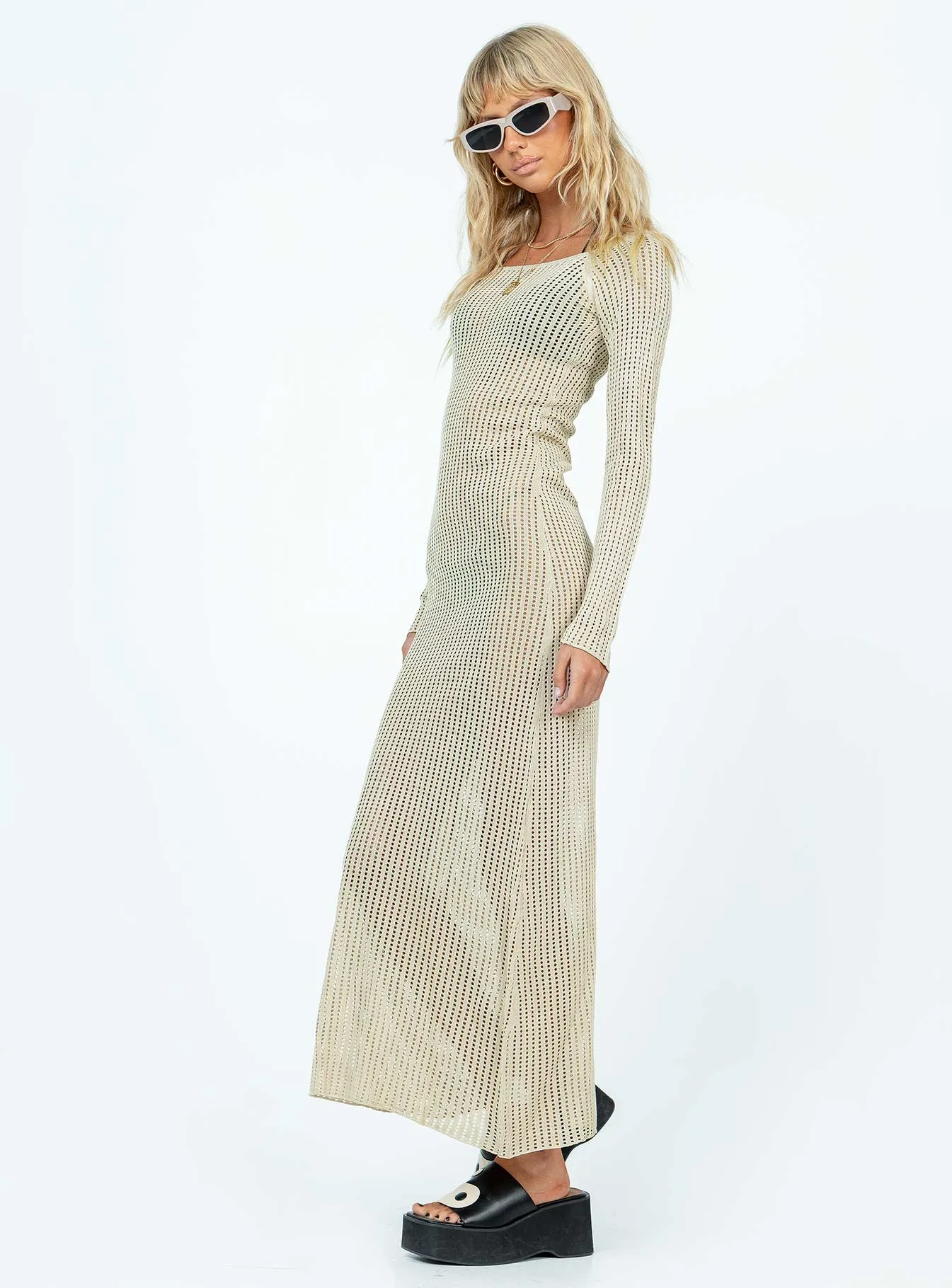Kendor Long Sleeve Maxi Dress Beige Poplin Smooth Soft fabric maxi gown