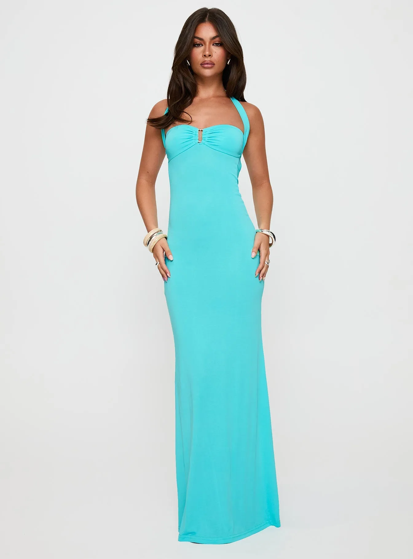 Anasofia Halter Maxi Dress Aqua Sequin Glow