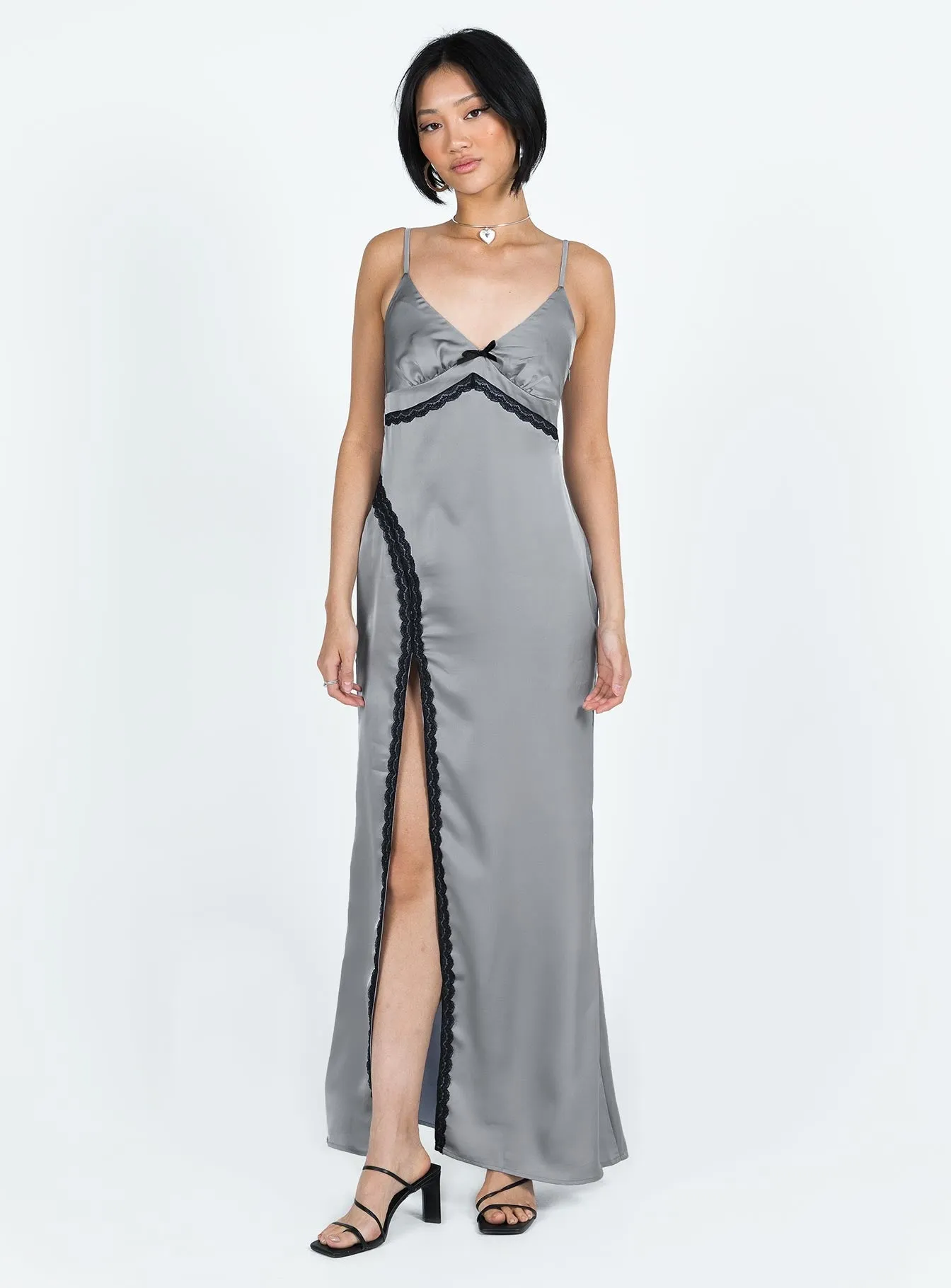 Lake View Flower Path Sidney Lace Trim Maxi Dress Grey