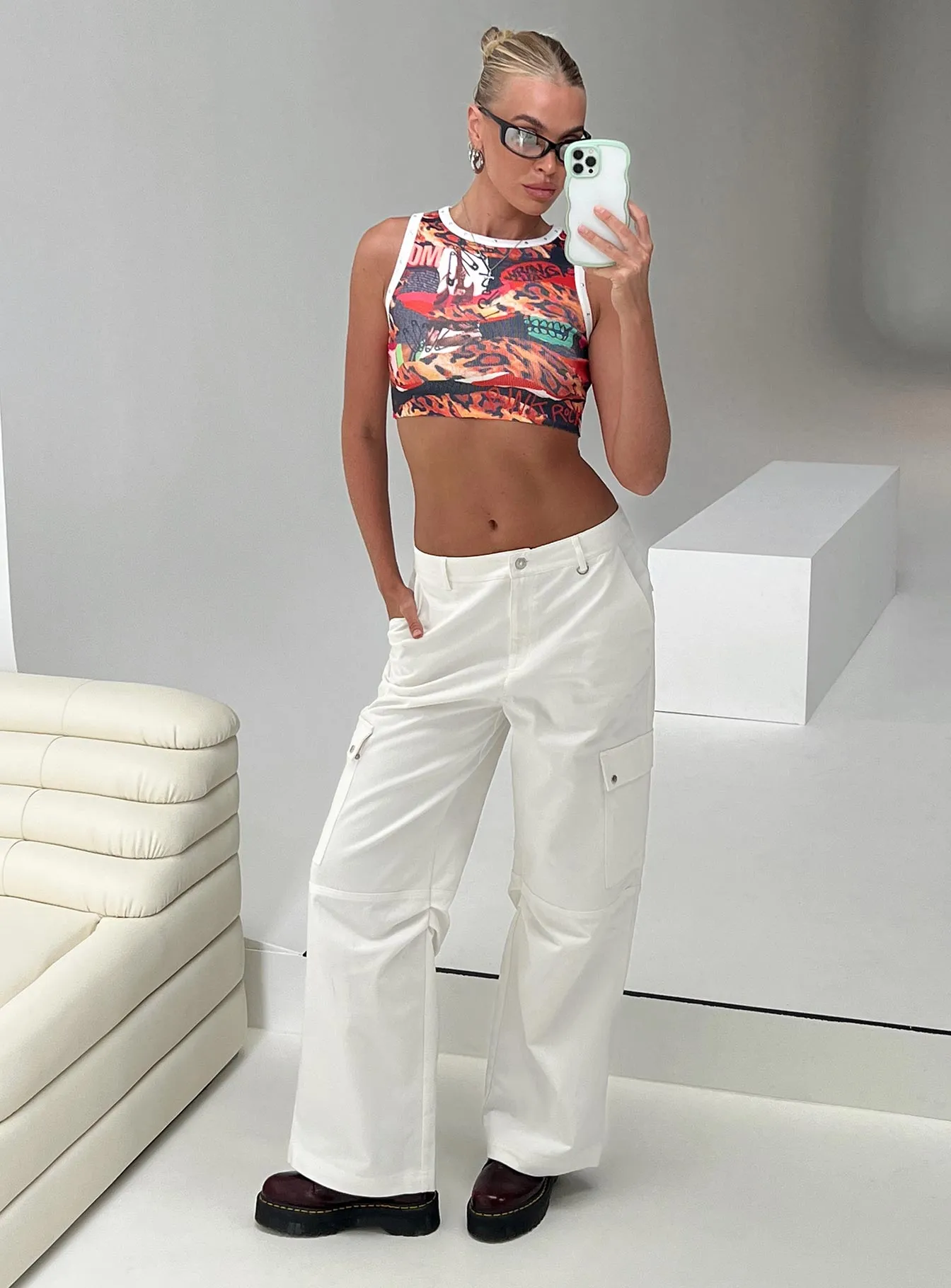 Fallout Mid Rise Cargo Pants White Tall Lockstitch Construction Urban Fit