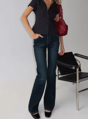Weighted Hemline Thessara Mid Rise Bootleg Jeans Dark Blue