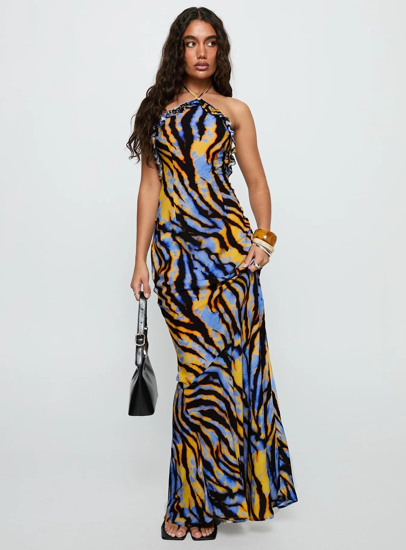 Bell Sleeve Virginia Beach Backless Maxi Dress Blue Zebra