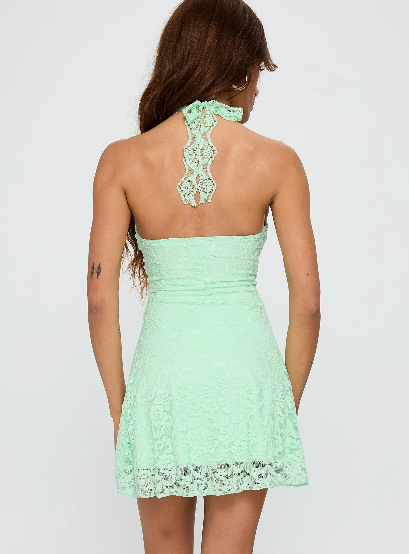 Effortless chic mini Bold print mini dress Front Page Halter Lace Mini Dress Aqua