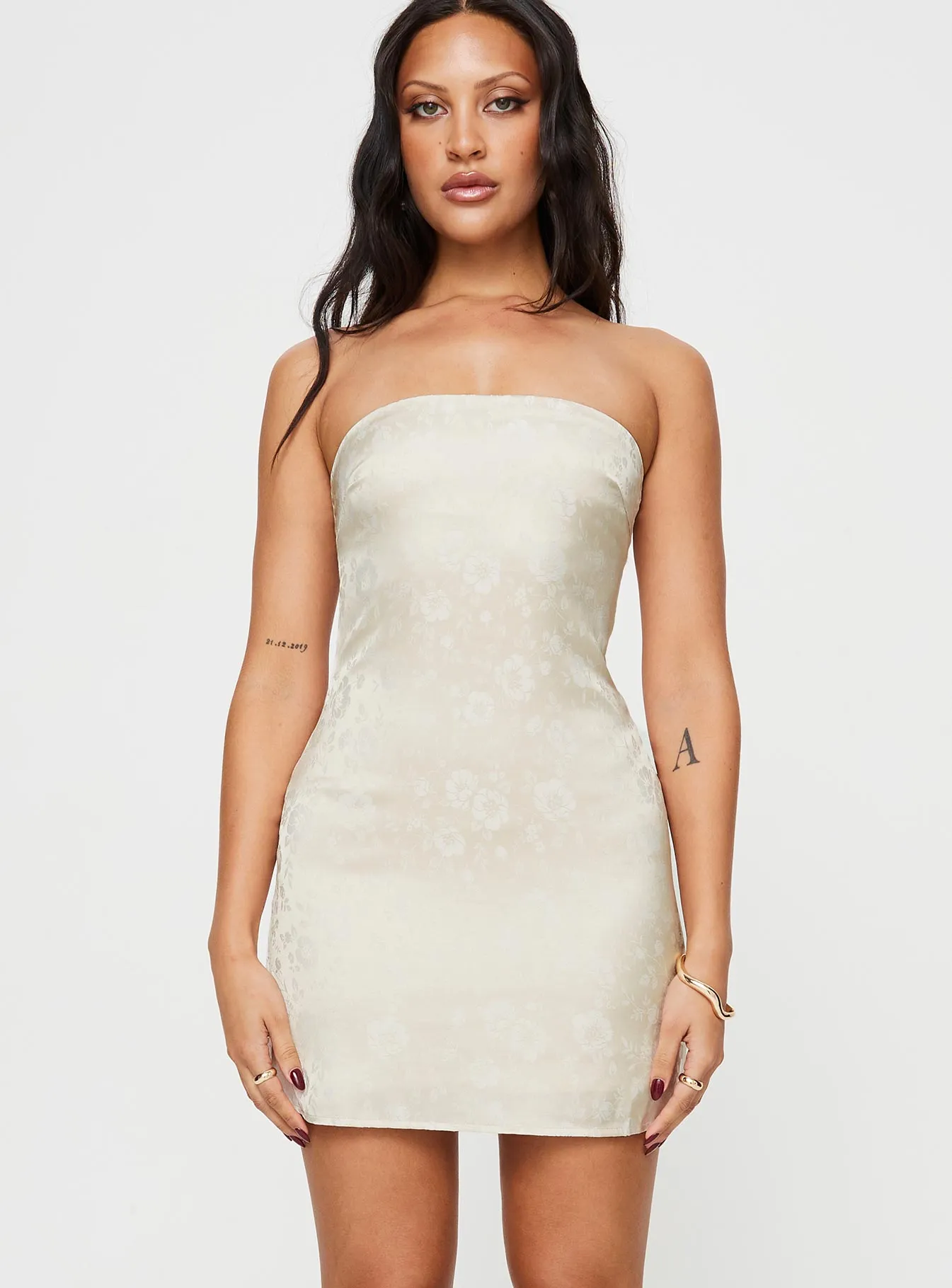 Ramie Strapless Mini Dress Champagne and Versatile evening mini dress.