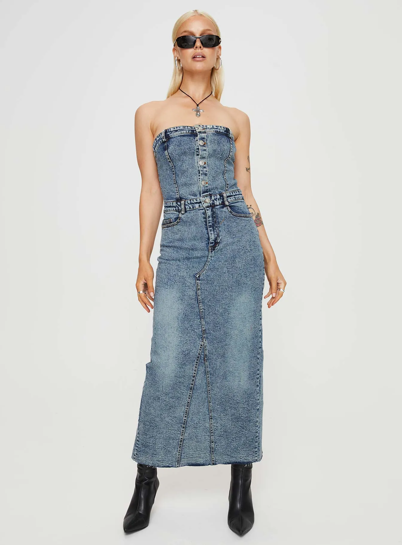 Kasim Denim Maxi Dress Blue Ocean Breeze Grain Gold