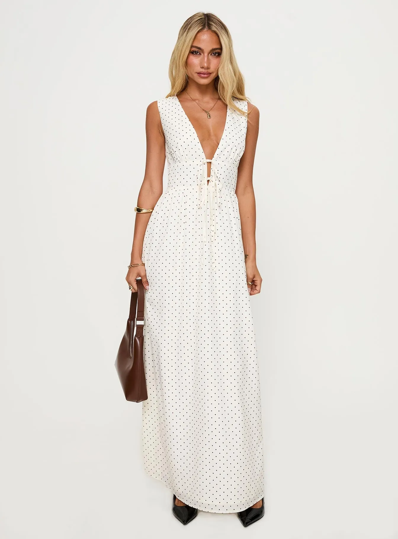 Chiffon Glow Gorgeous floor-length style Pokey Maxi Dress Cream / Polka Dot