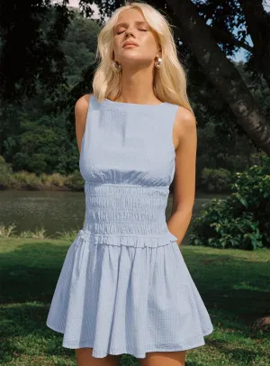 Yennifer Shirred Mini Dress Blue / White Tall Comfortable party dress Modern Edge