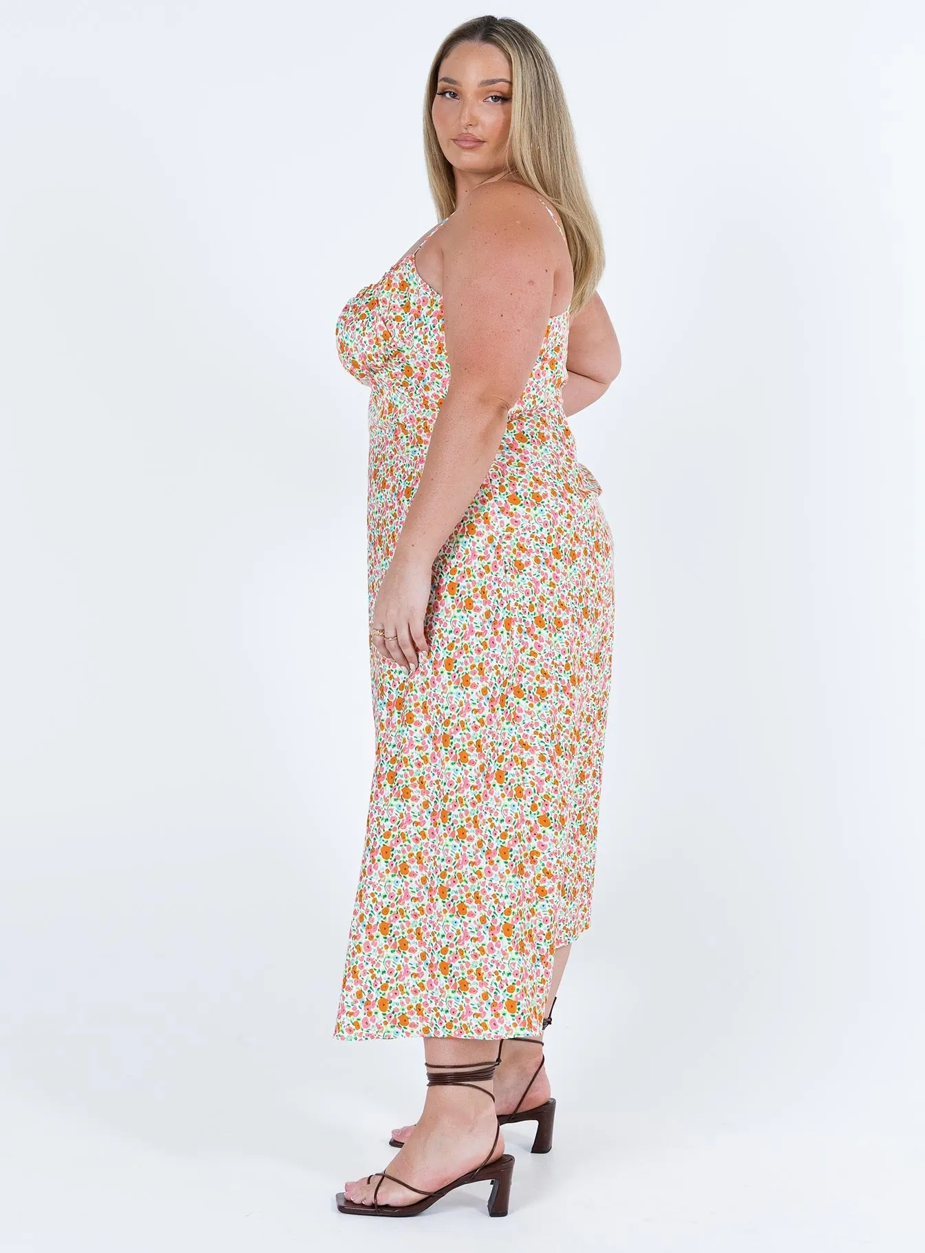 Amara Floral Midi Dress Multi Curve Cap Sleeve