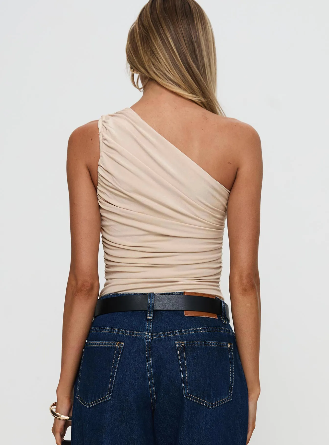 Heston Asymmetrical Ruched Bodysuit Beige Sporty Student Wedding Picnic