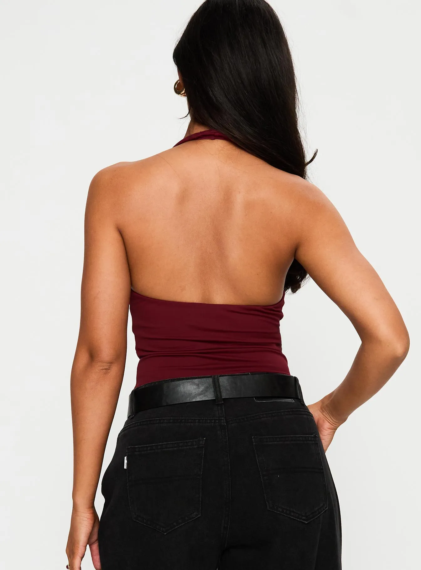 Clean Guest Sharp Bold Someone New Halter Bodysuit Burgundy