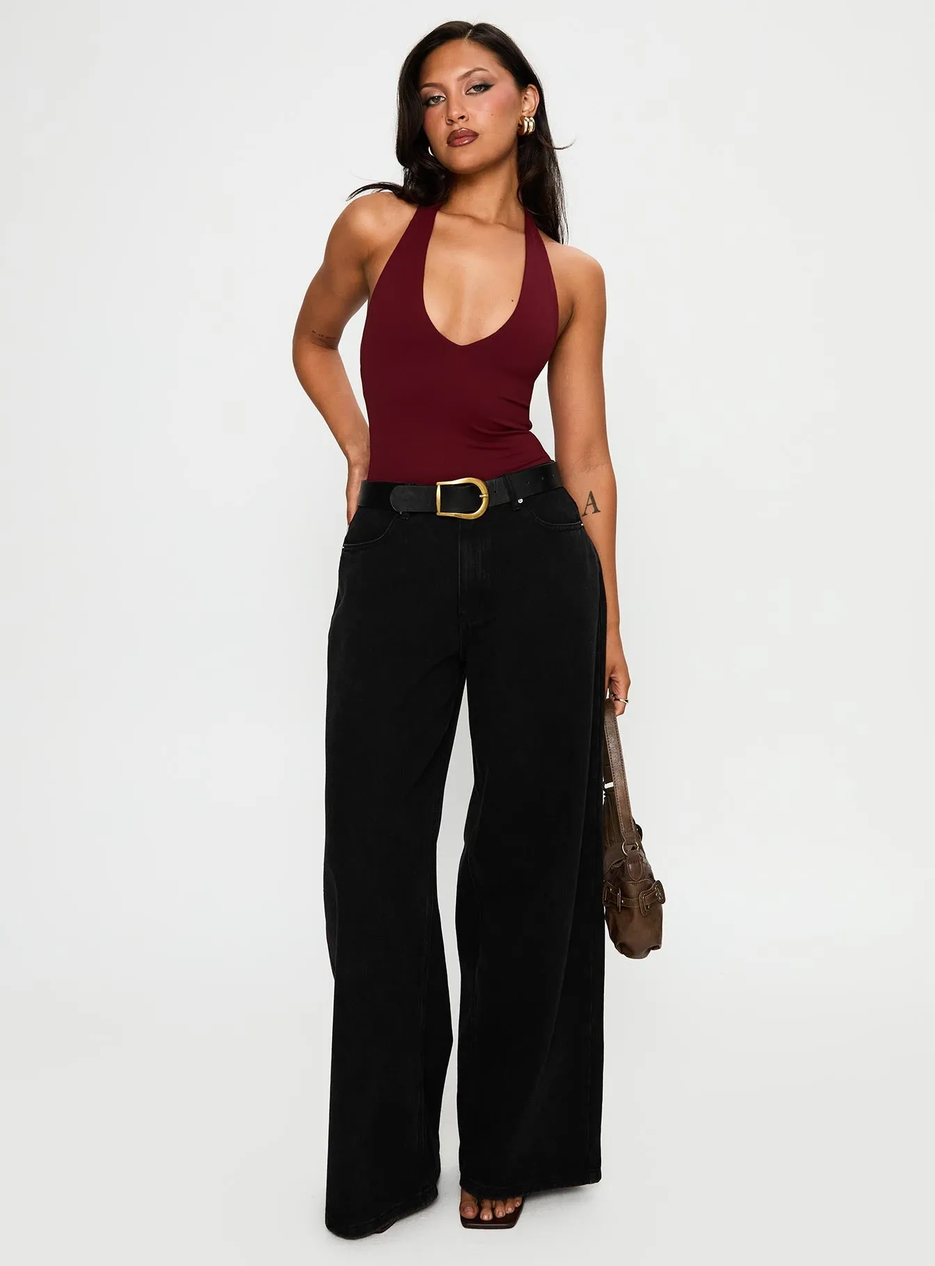 Wedding Vintage Relaxed Indoor Someone New Halter Bodysuit Burgundy
