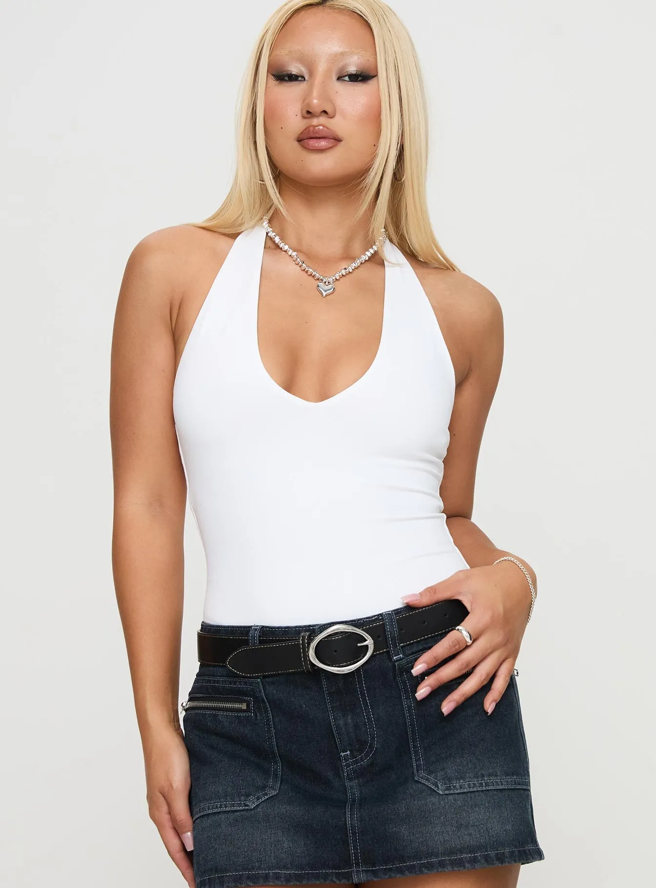 Elegant Sporty Fine Trendy Someone New Halter Bodysuit White