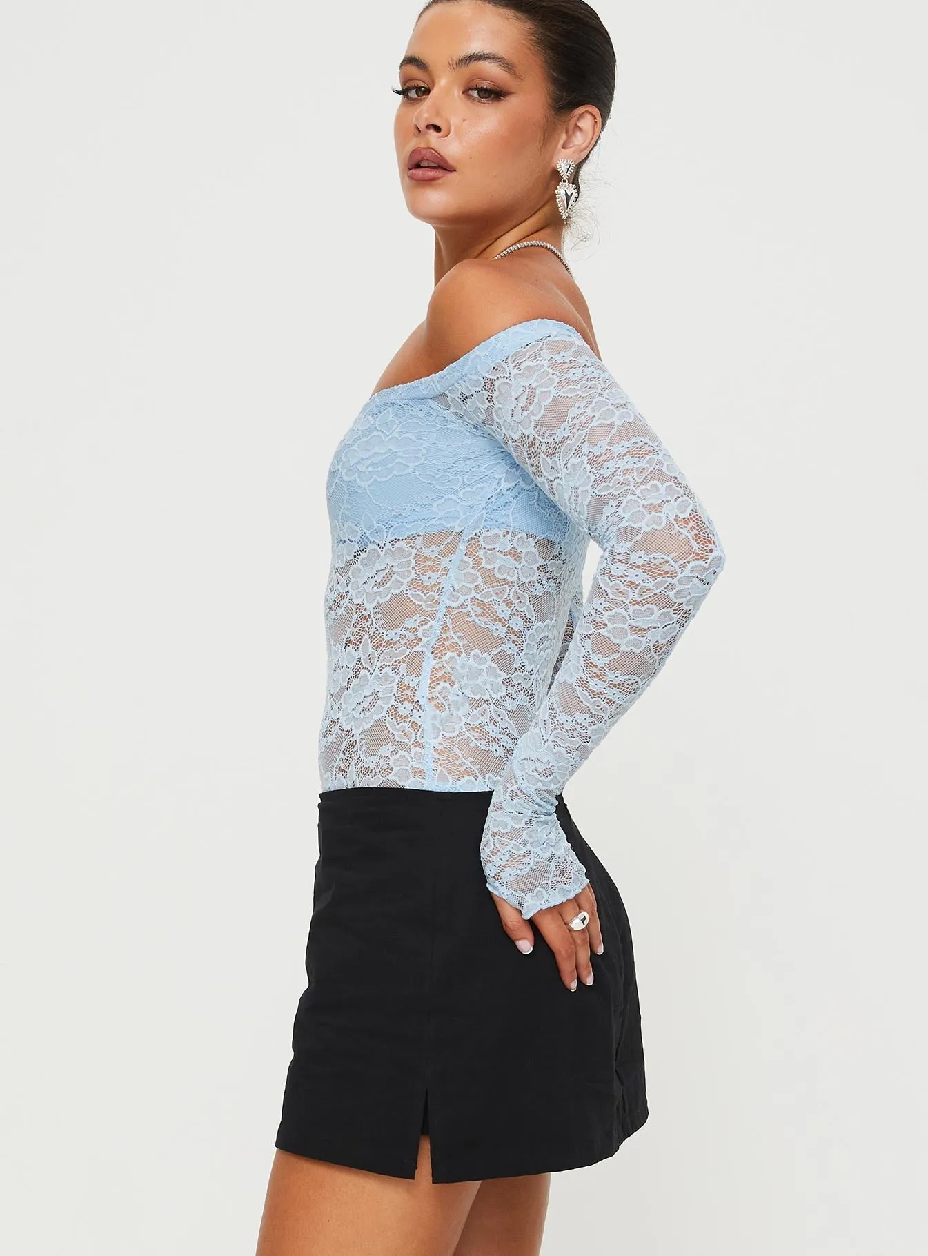 Weaver Off Shoulder Lace Bodysuit Blue Home Friends