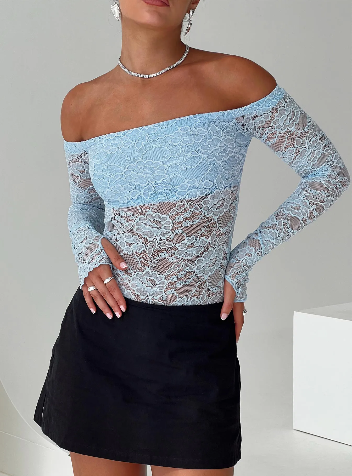 Weaver Off Shoulder Lace Bodysuit Blue Casual Traveler