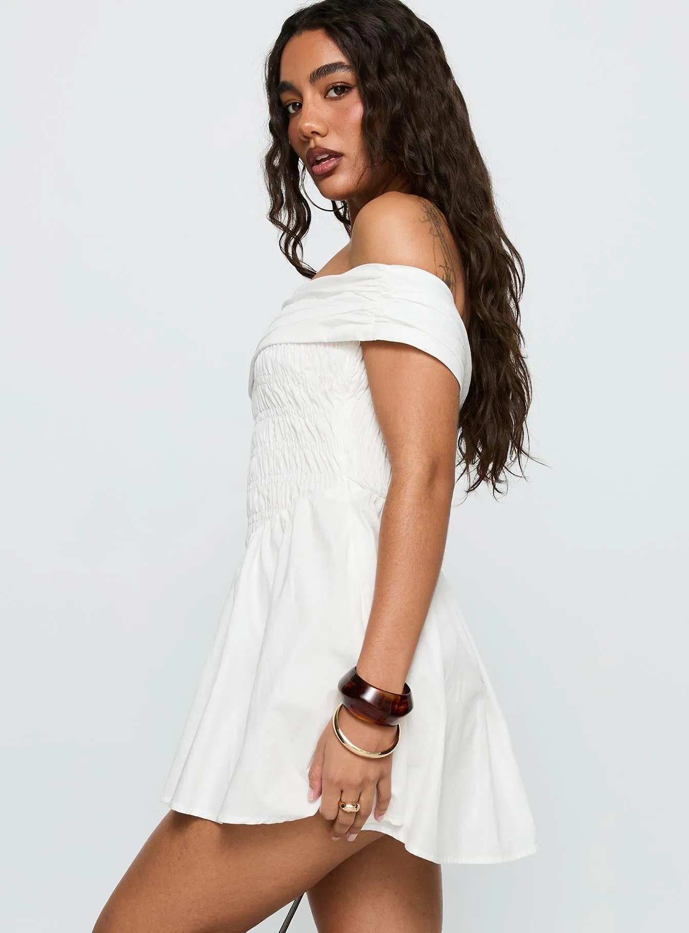 Fruitful Off Shoulder Mini Dress White Trendy Edge Scene Mode