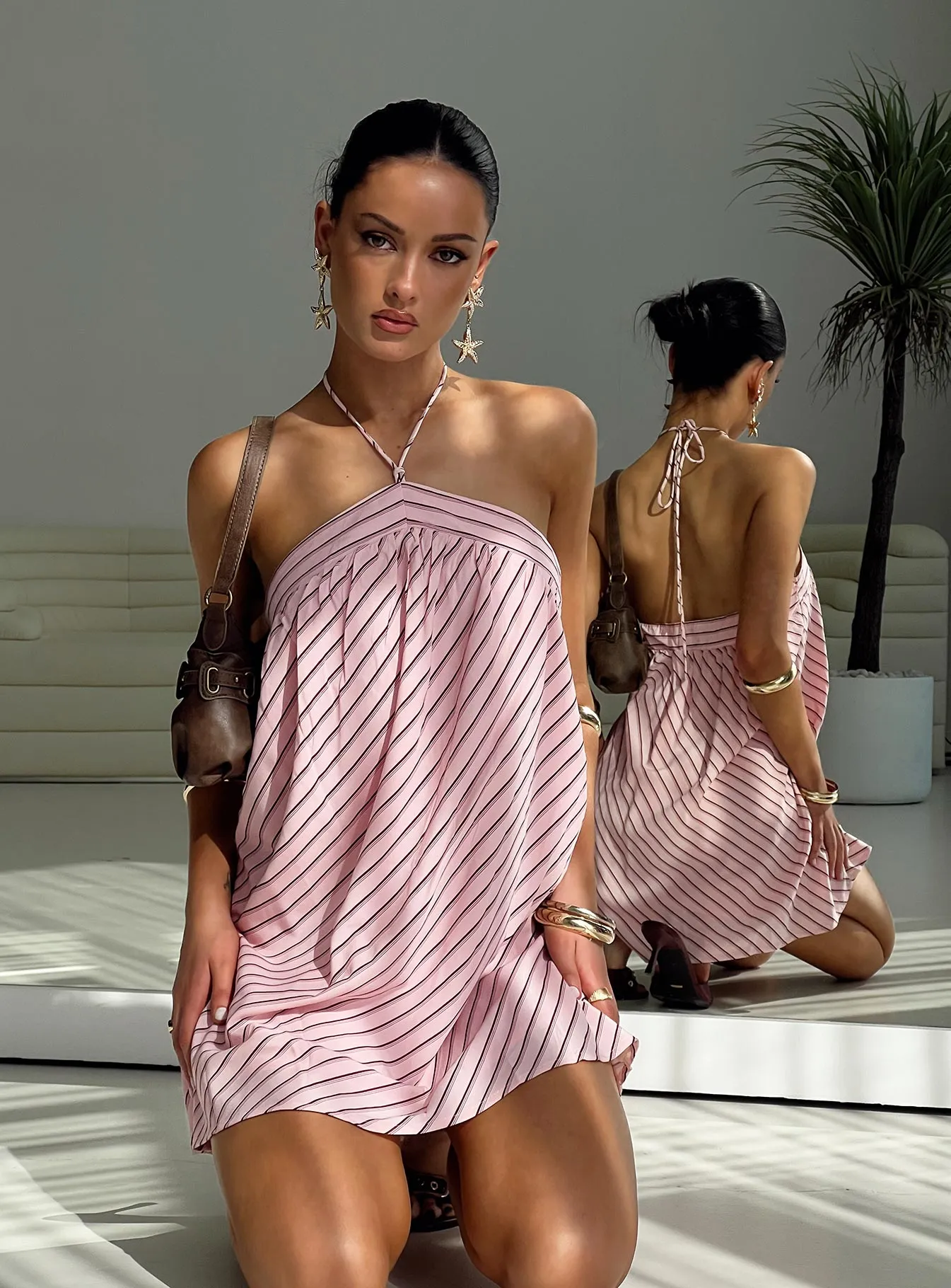 Moonlit Mini Dress Pink Stripe Urban Fashion