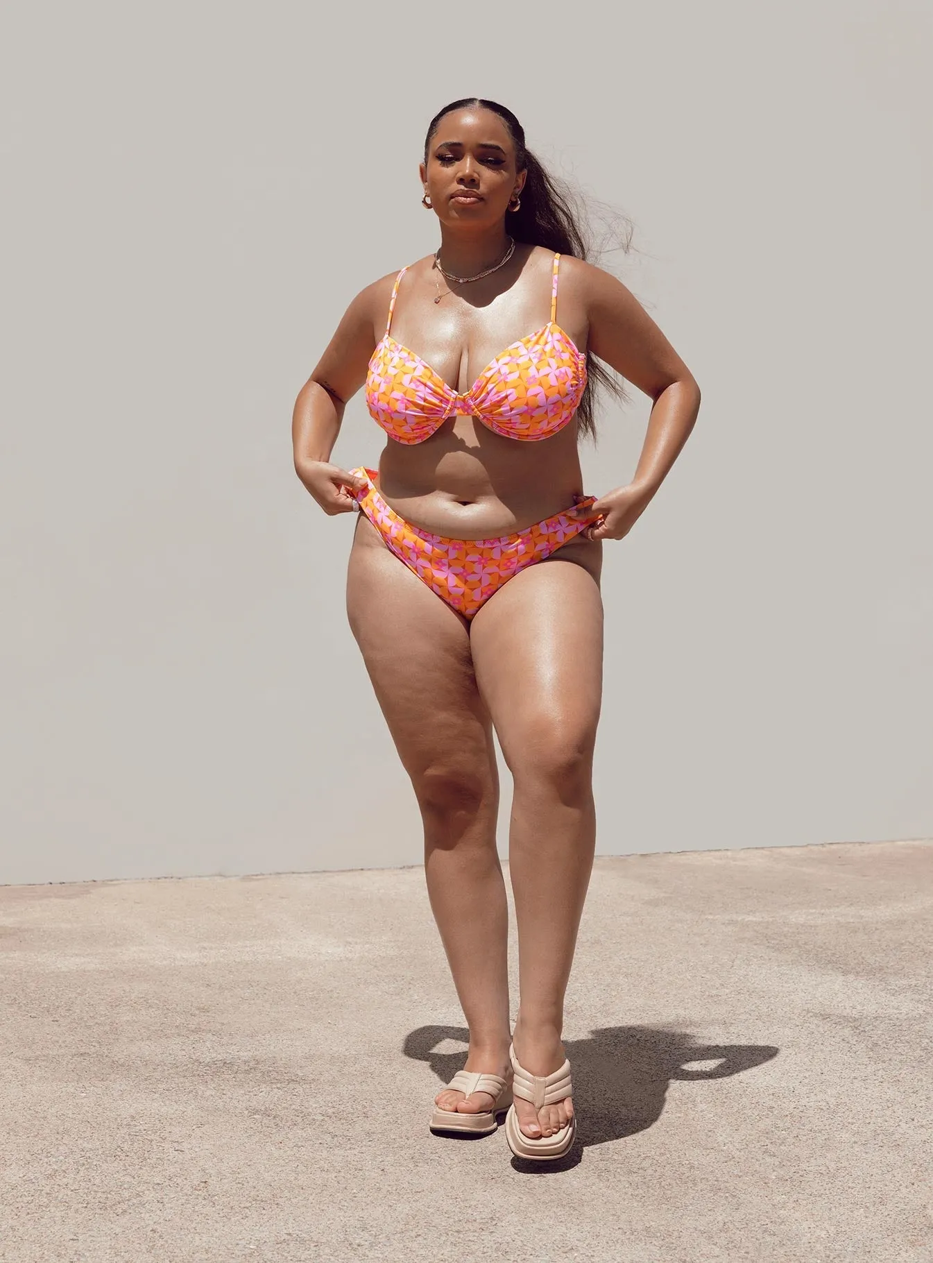 Built In Shelf Bra Stretchable Waistband Ellie Bikini Bottoms Orange / Pink Curve