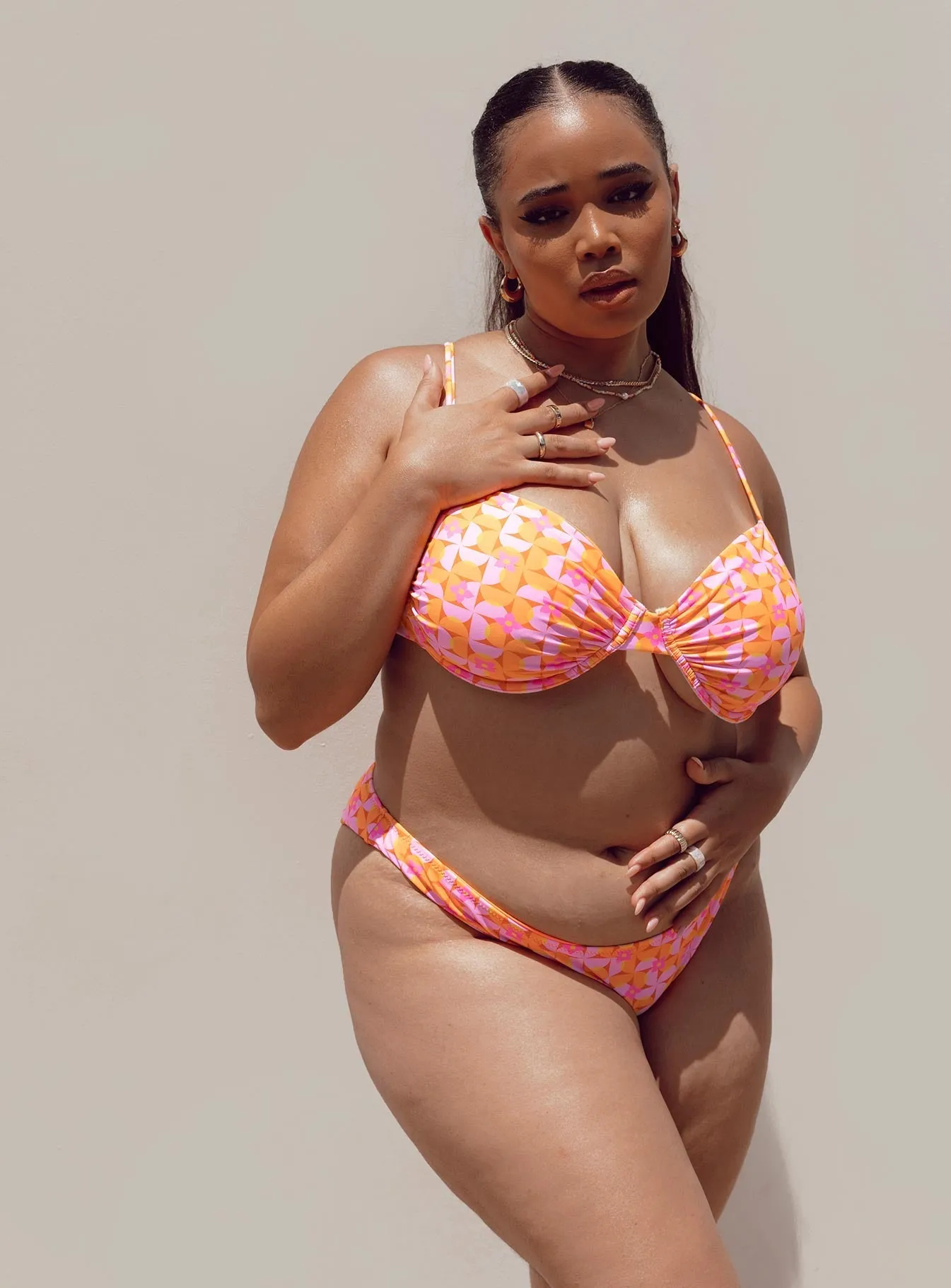 Ellie Bikini Bottoms Orange / Pink Curve Built In Shelf Bra Hypoallergenic Lining