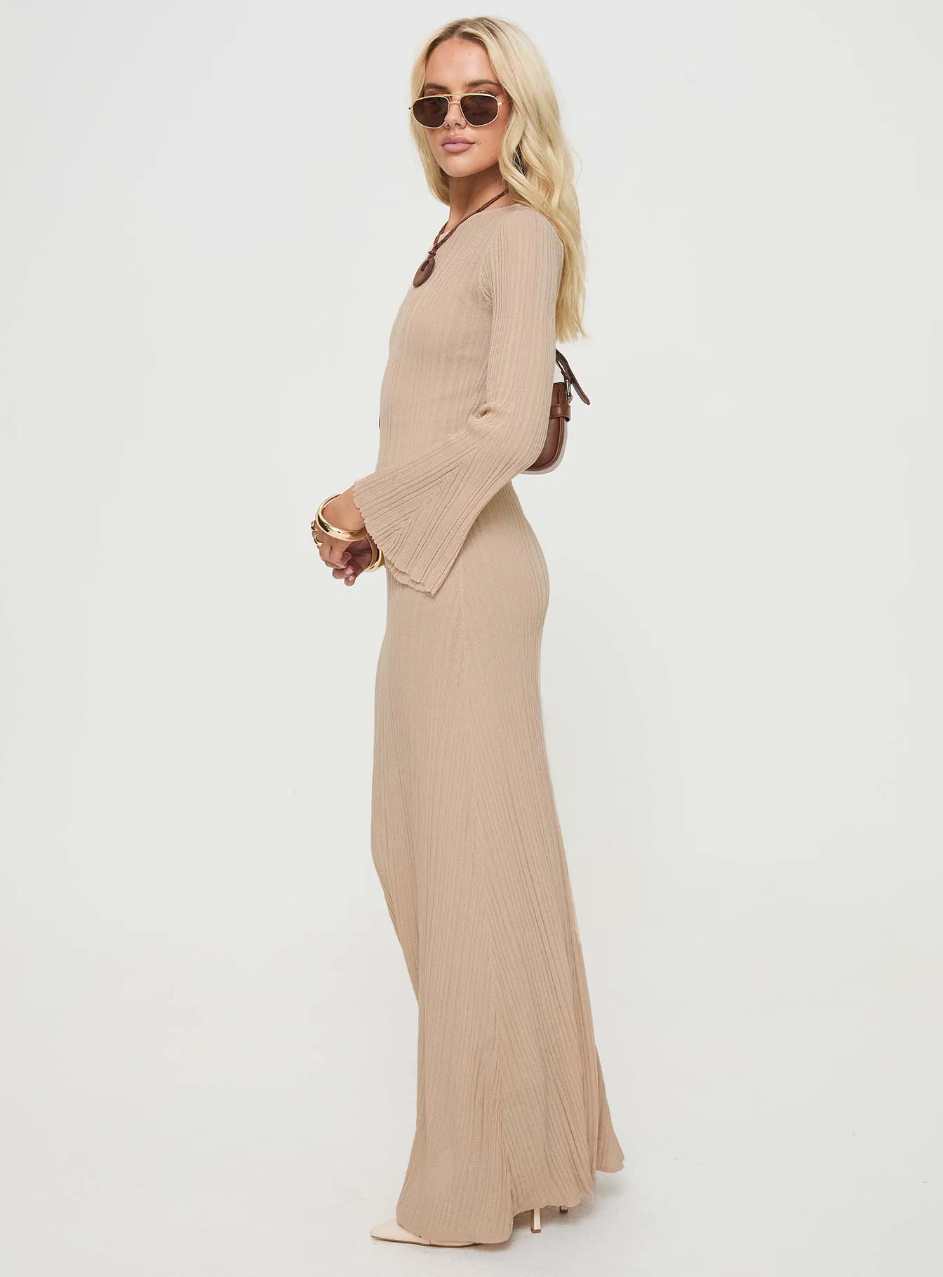 bohemian flair Purple Mist Carlota Long Sleeve Maxi Dress Beige