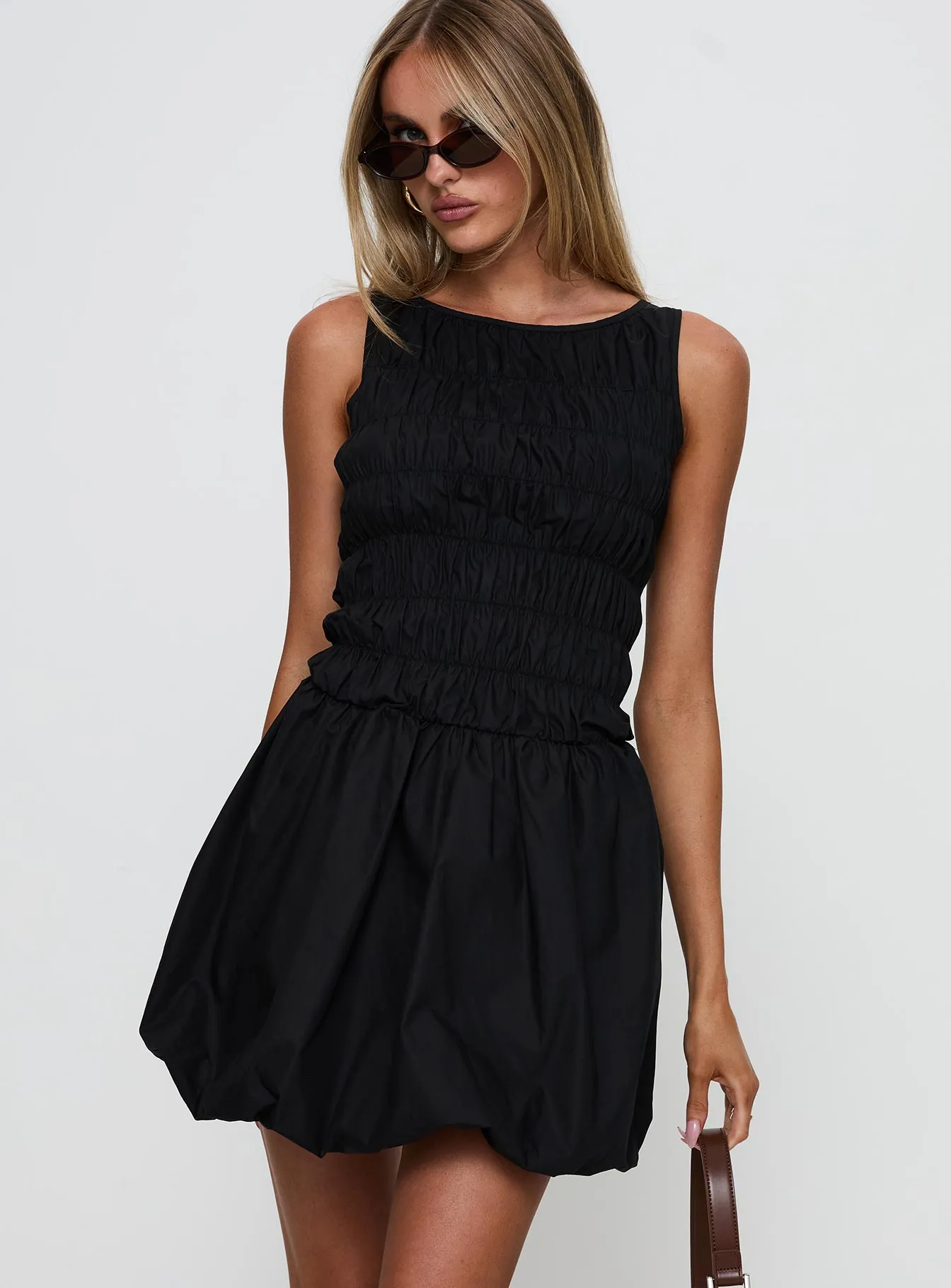 Demure Shirred Bubble Hem Mini Dress Black Simple yet chic mini