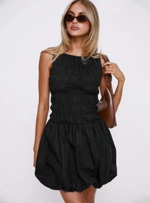 Demure Shirred Bubble Hem Mini Dress Black Fashionable short dress for events Charming Look