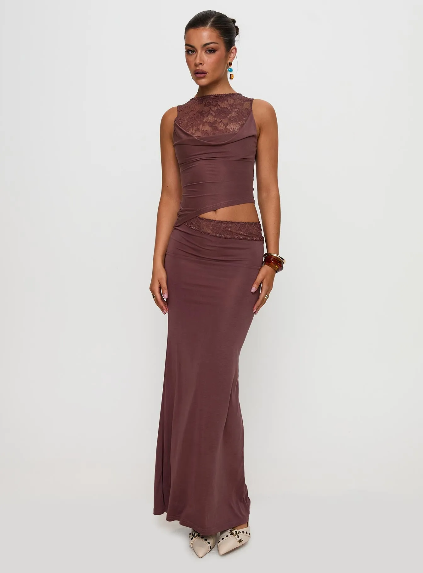 Park Date Stone Path Vesperine Lace Maxi Dress Cocoa Brown