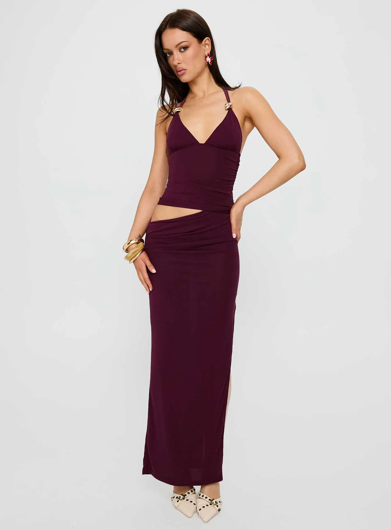 Poplin Smooth Stone Glow Imeraldia Hardware Halter Maxi Dress Currant