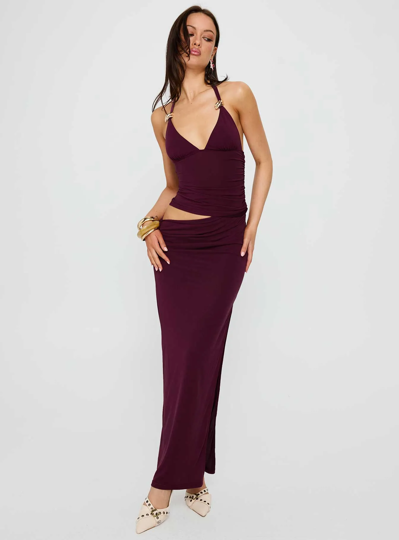 Imeraldia Hardware Halter Maxi Dress Currant Inner peace