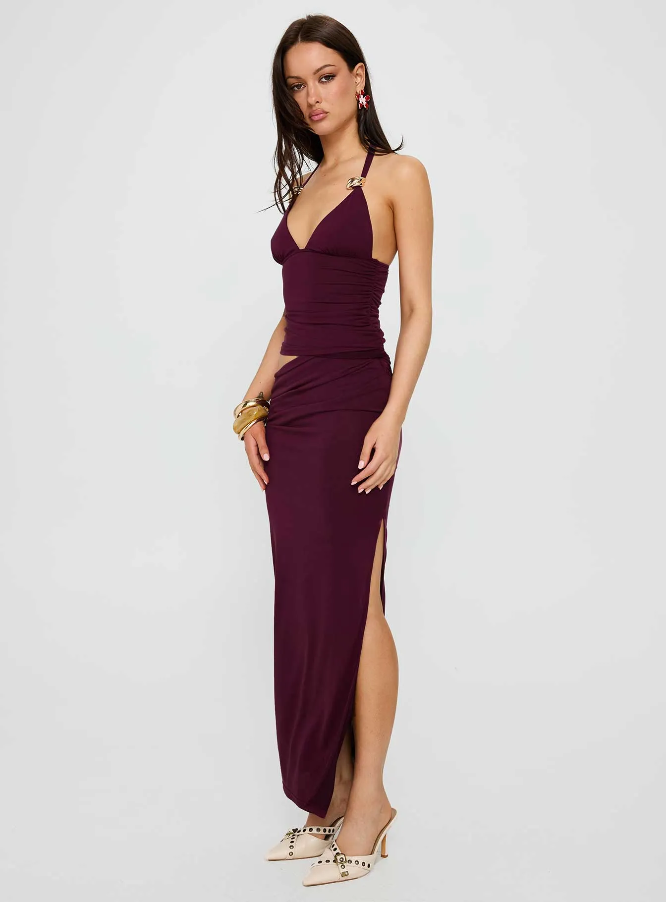 Tower View Trendy evening gown Imeraldia Hardware Halter Maxi Dress Currant