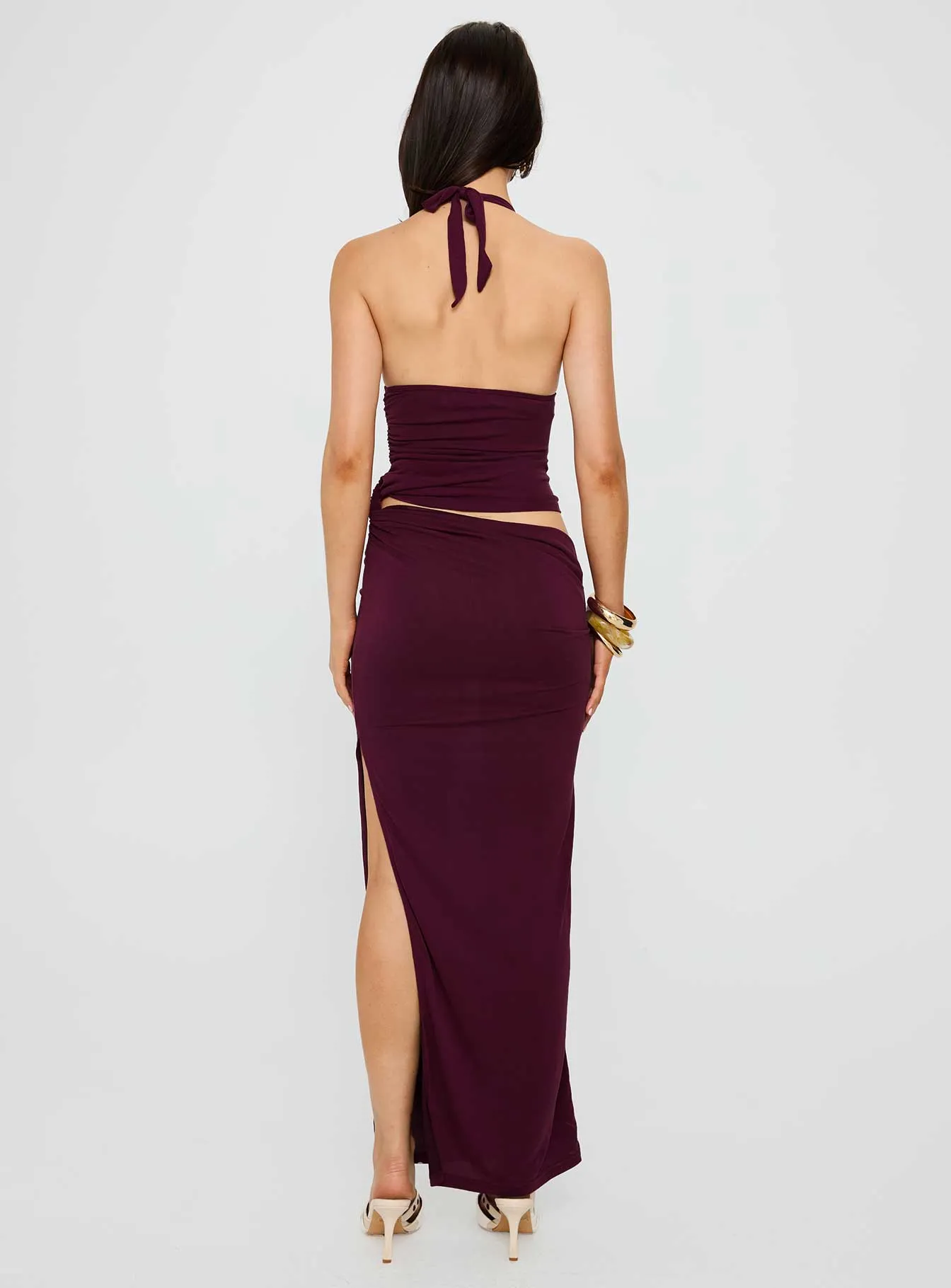 Print Allover Metallic Pop Imeraldia Hardware Halter Maxi Dress Currant