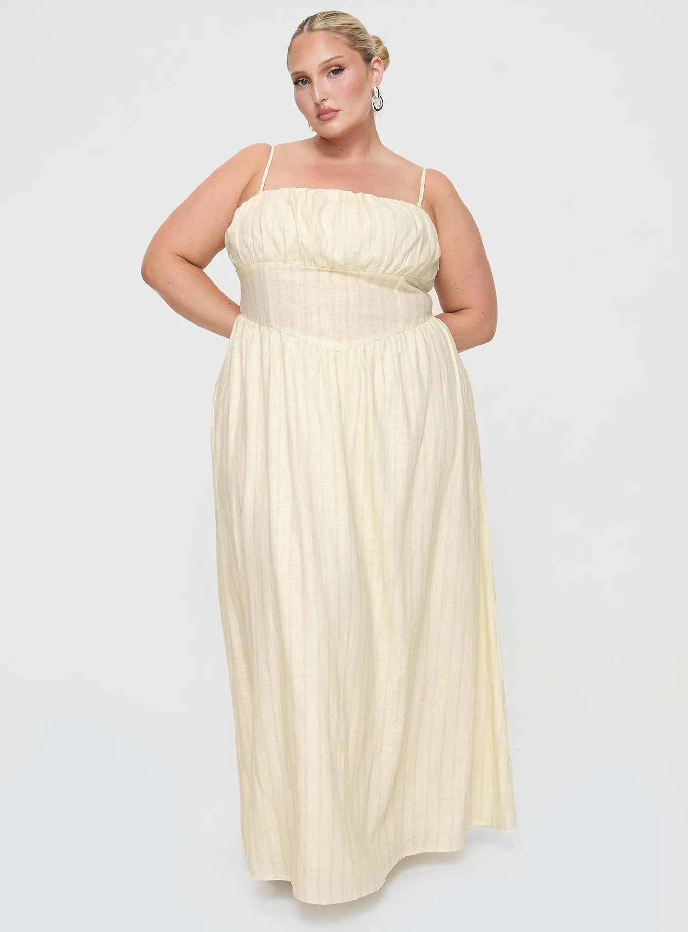 Slow Dance Linen Blend Maxi Dress Cream / Blue Curve Retro Mode