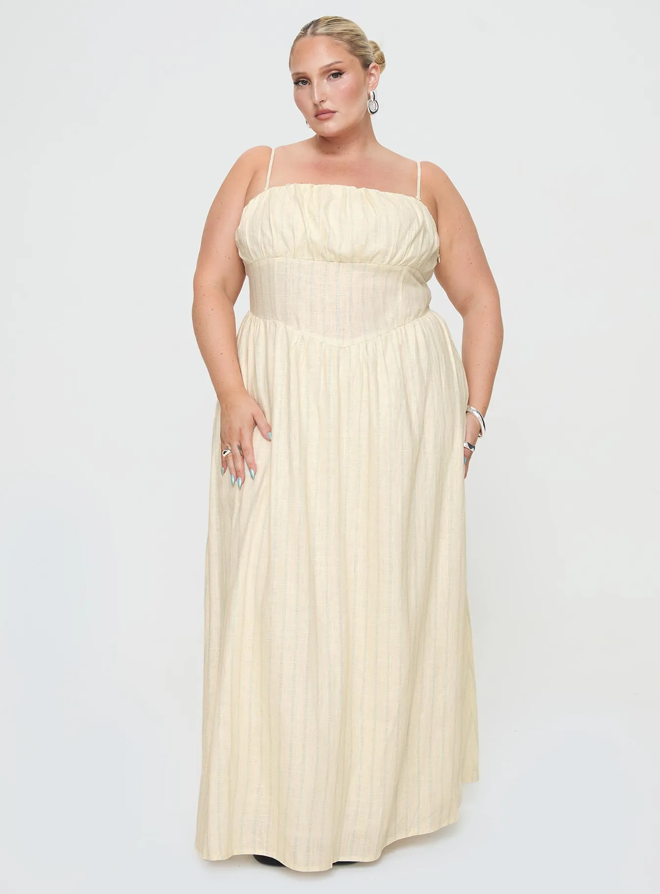 Slow Dance Linen Blend Maxi Dress Cream / Blue Curve Noon Light Metal Shine