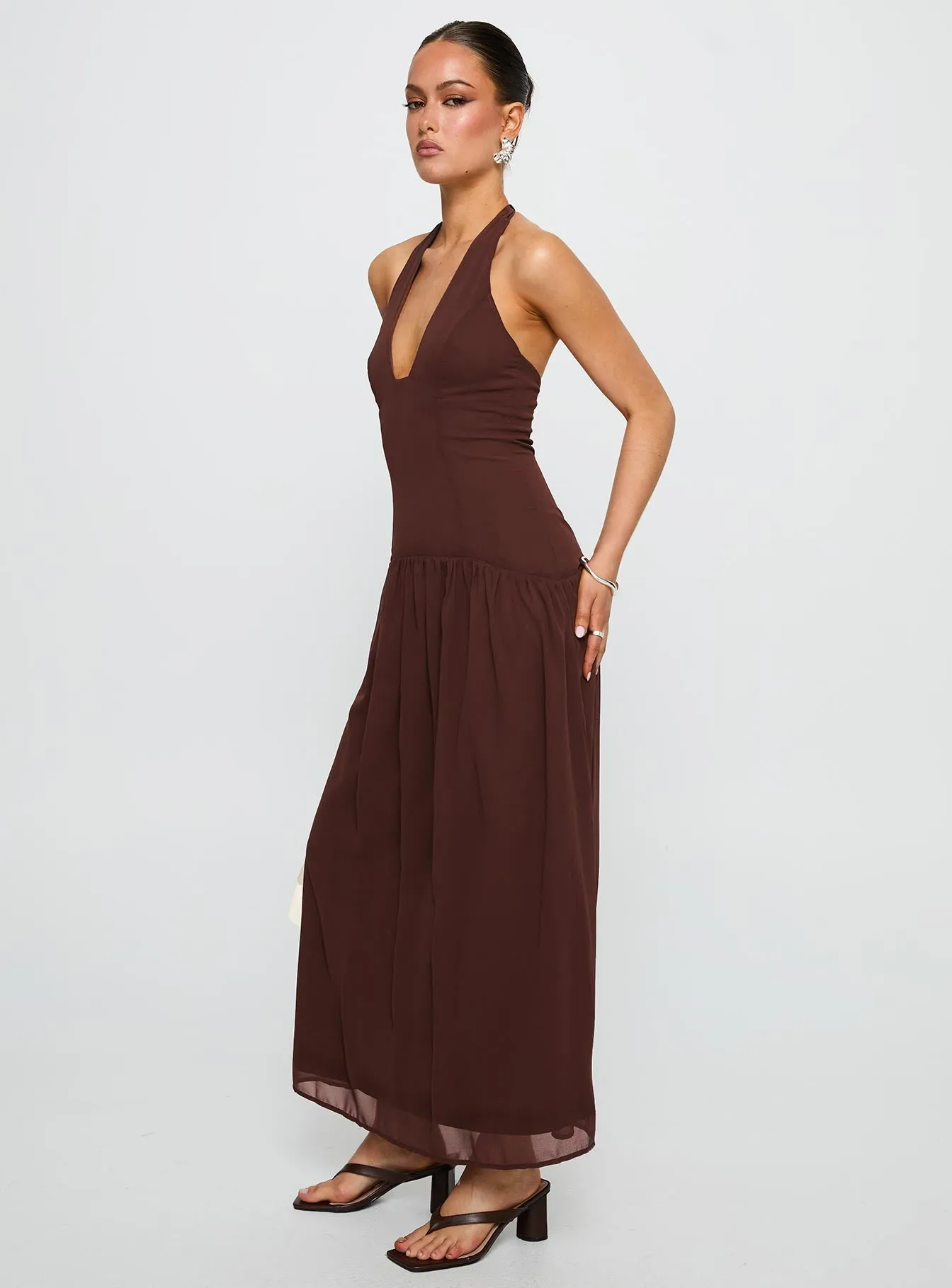 Chestnut Drop Waist Maxi Dress Brown chiffon flow