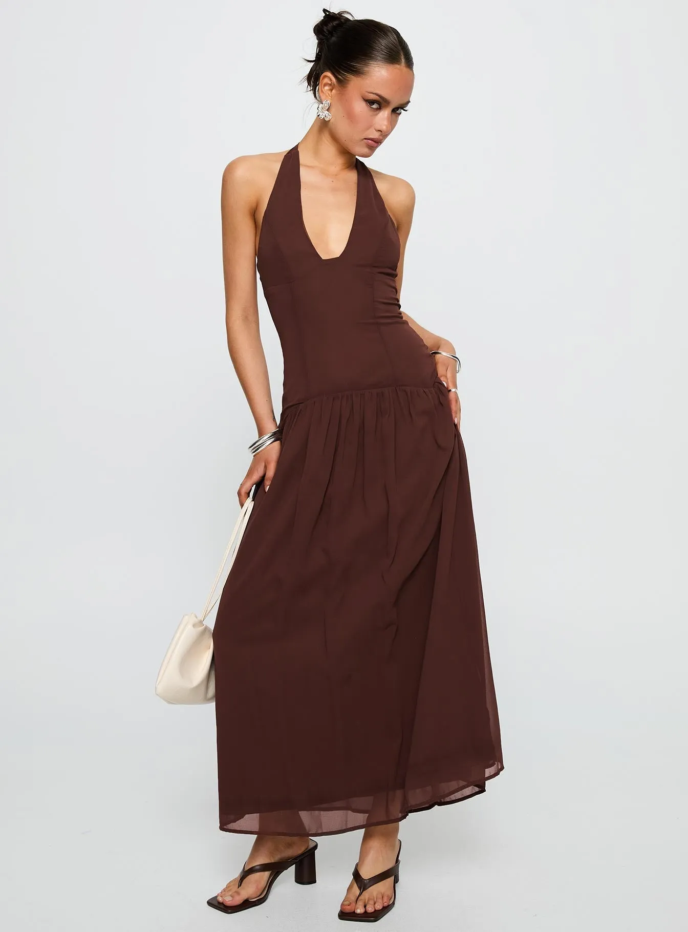 Easy-to-wear long dress Chestnut Drop Waist Maxi Dress Brown