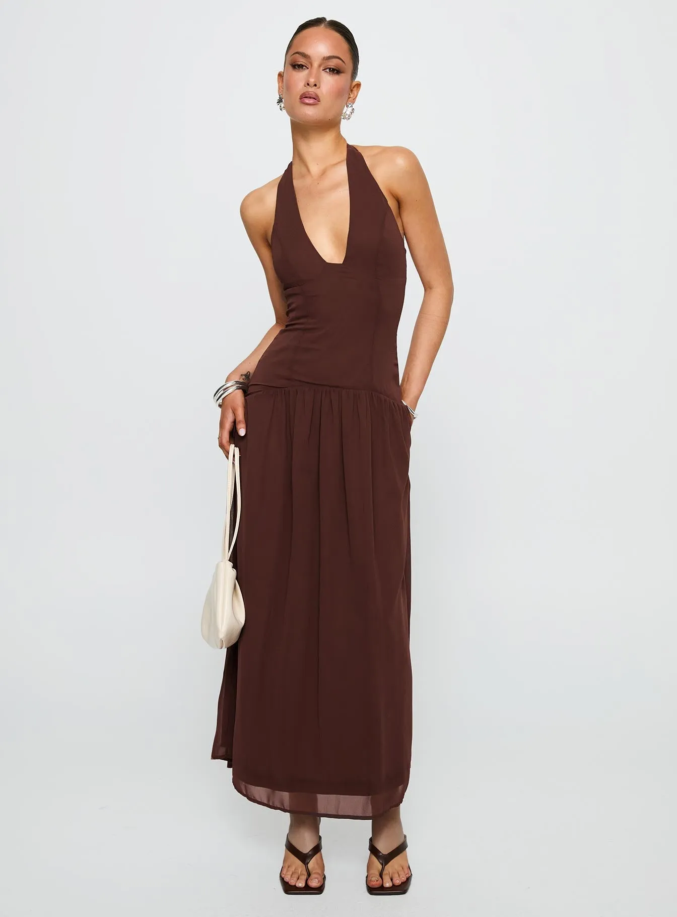 Chestnut Drop Waist Maxi Dress Brown This dress provides a polished and sophisticated look while ensuring all-day comfort