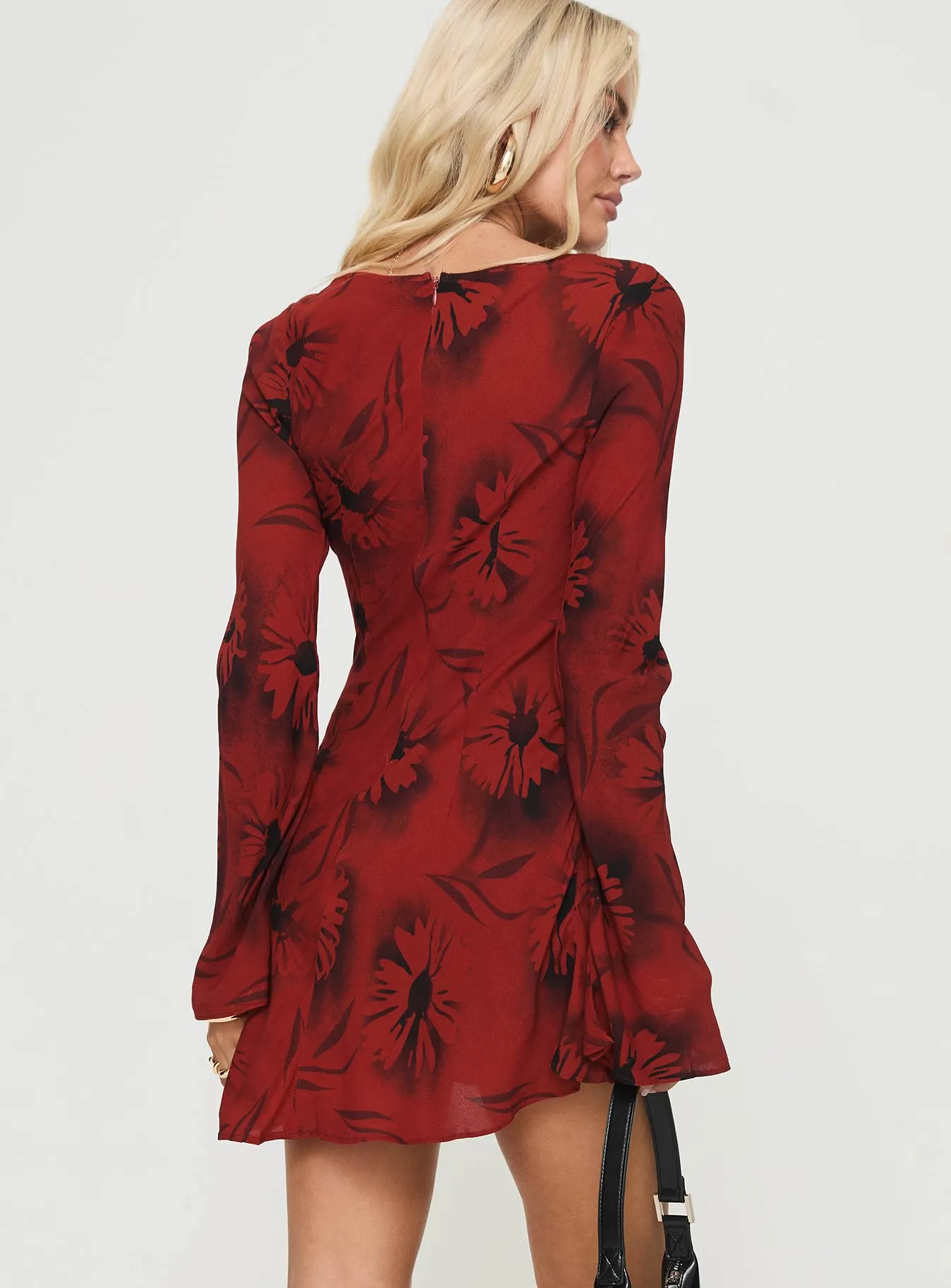 Feyd Long Sleeve Mini Dress Red Floral Boho Vibes