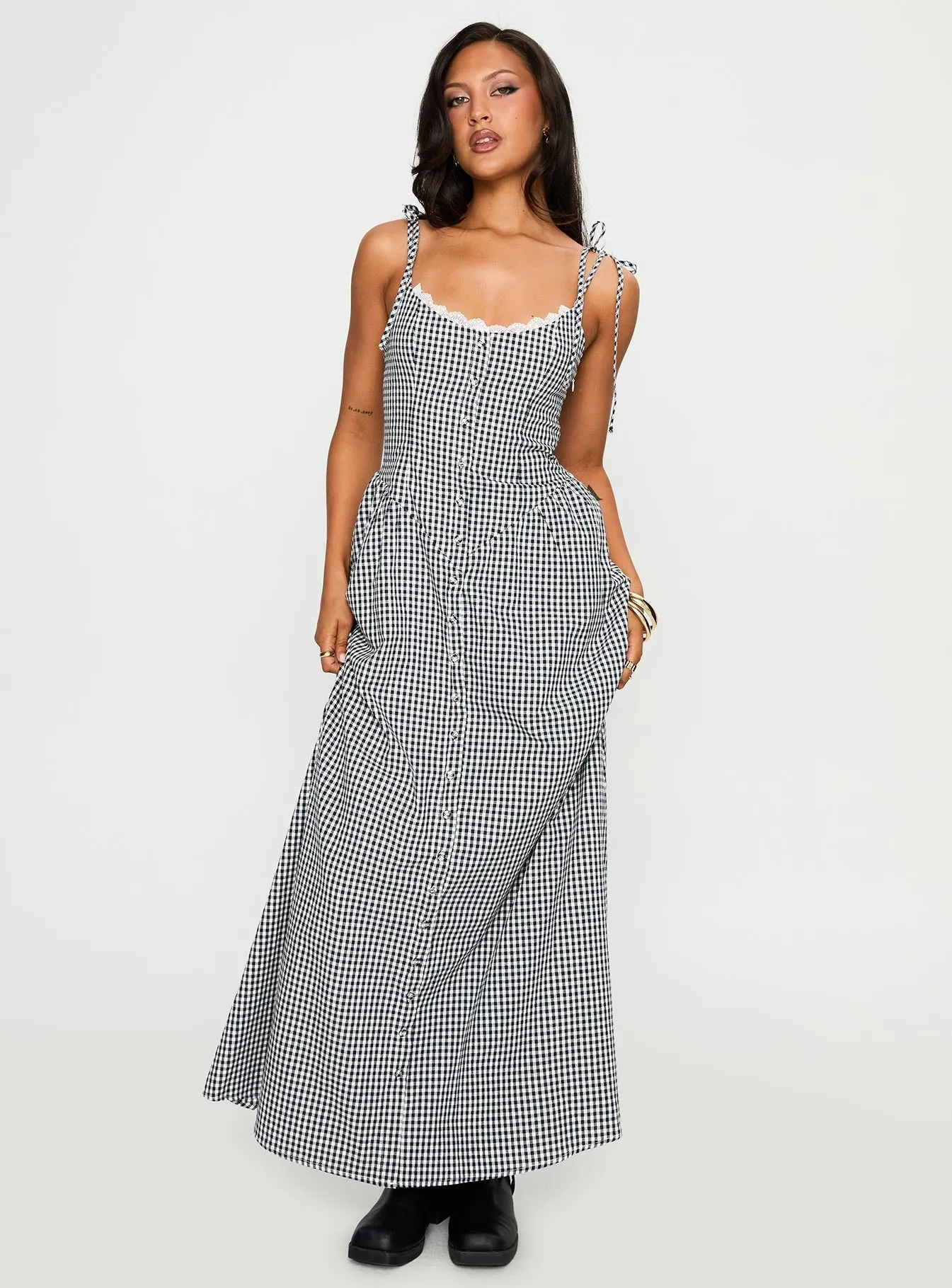 Sunlit Path Topaz Shine Dalanie Tie Strap Maxi Dress Navy Gingham