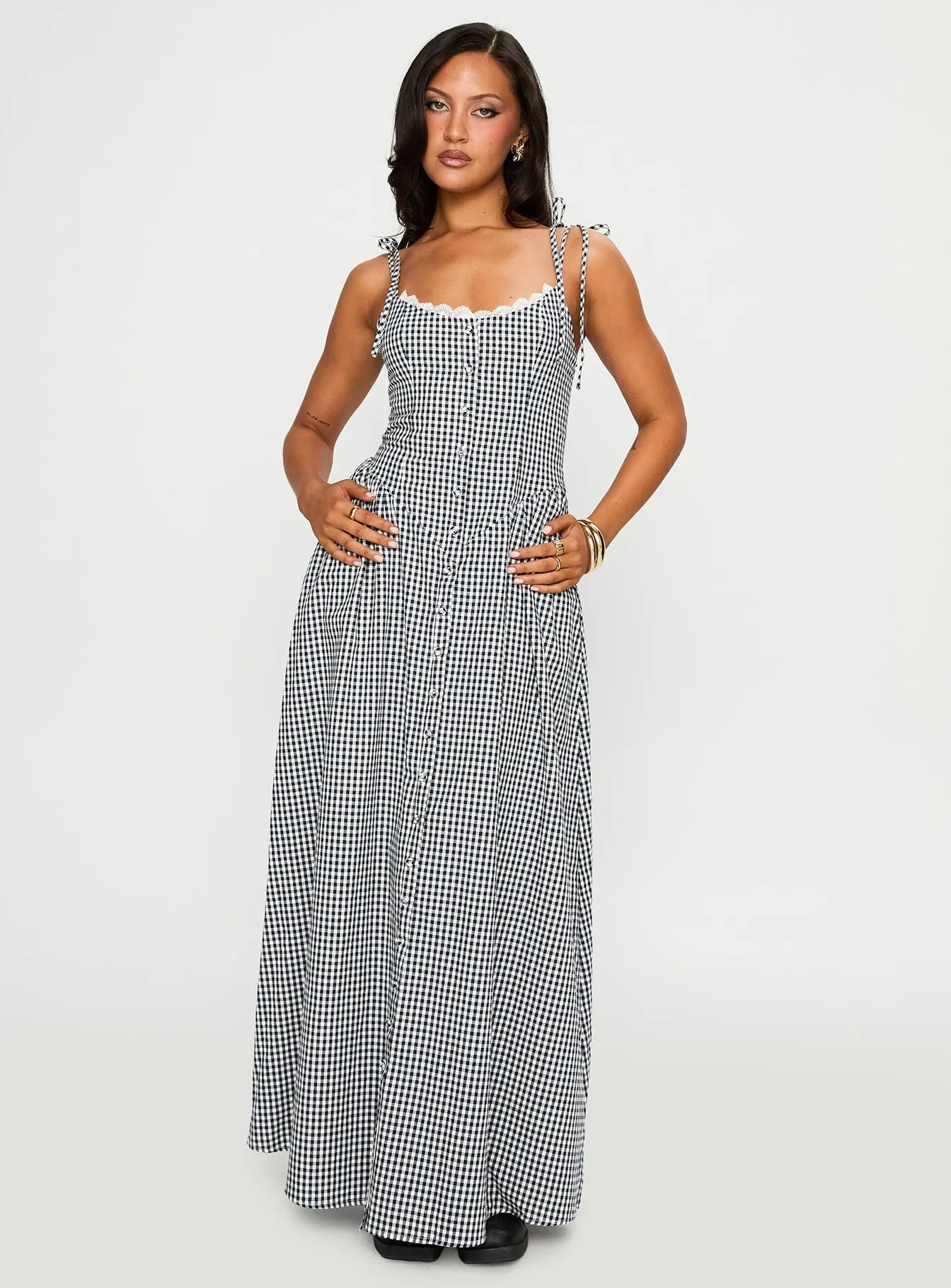 Dalanie Tie Strap Maxi Dress Navy Gingham Chiffon Glow Air Flow