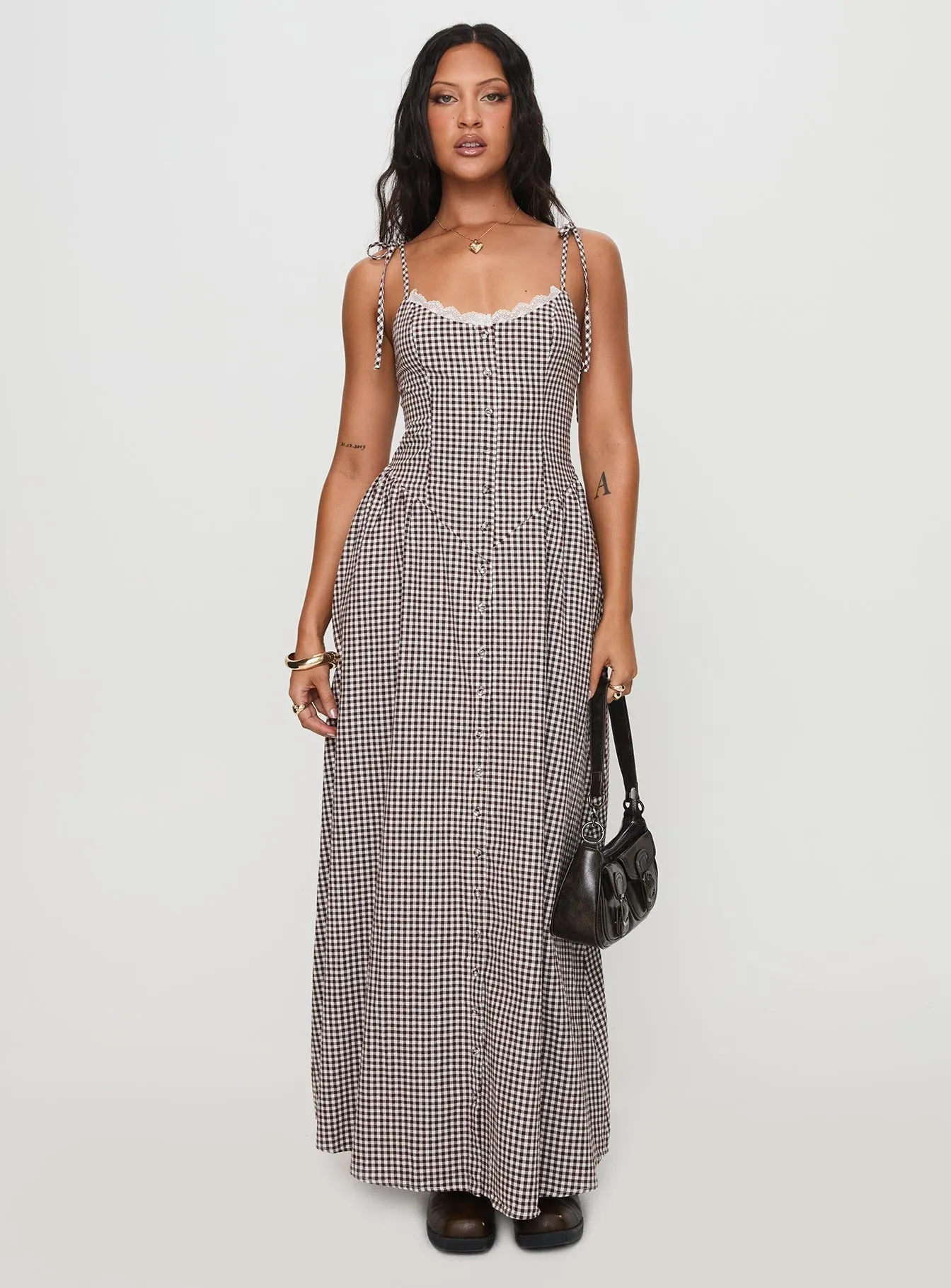 Country Lane Poplin Smooth Dalanie Tie Strap Maxi Dress Brown Gingham Petite