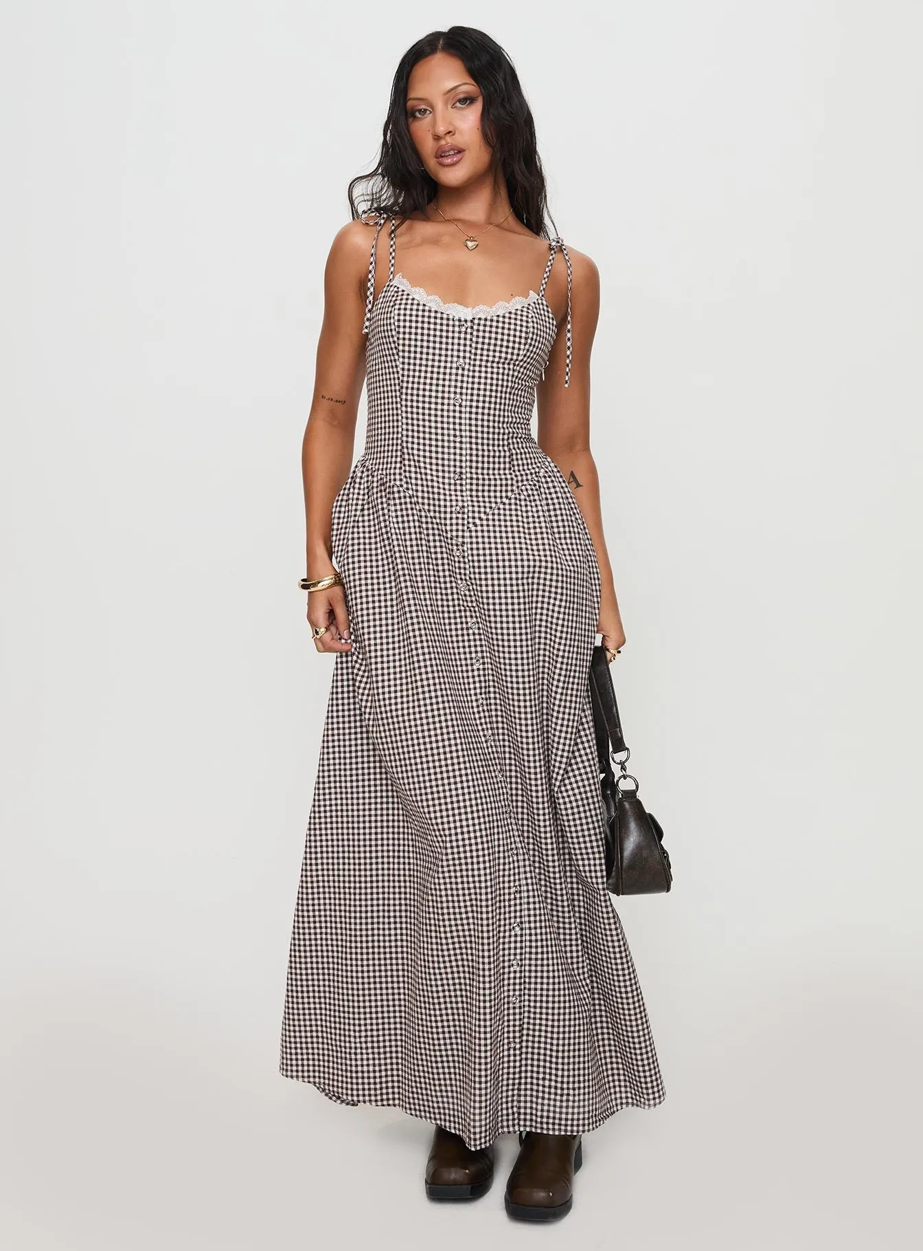 Net Soft Ribbon Work Dalanie Tie Strap Maxi Dress Brown Gingham Petite