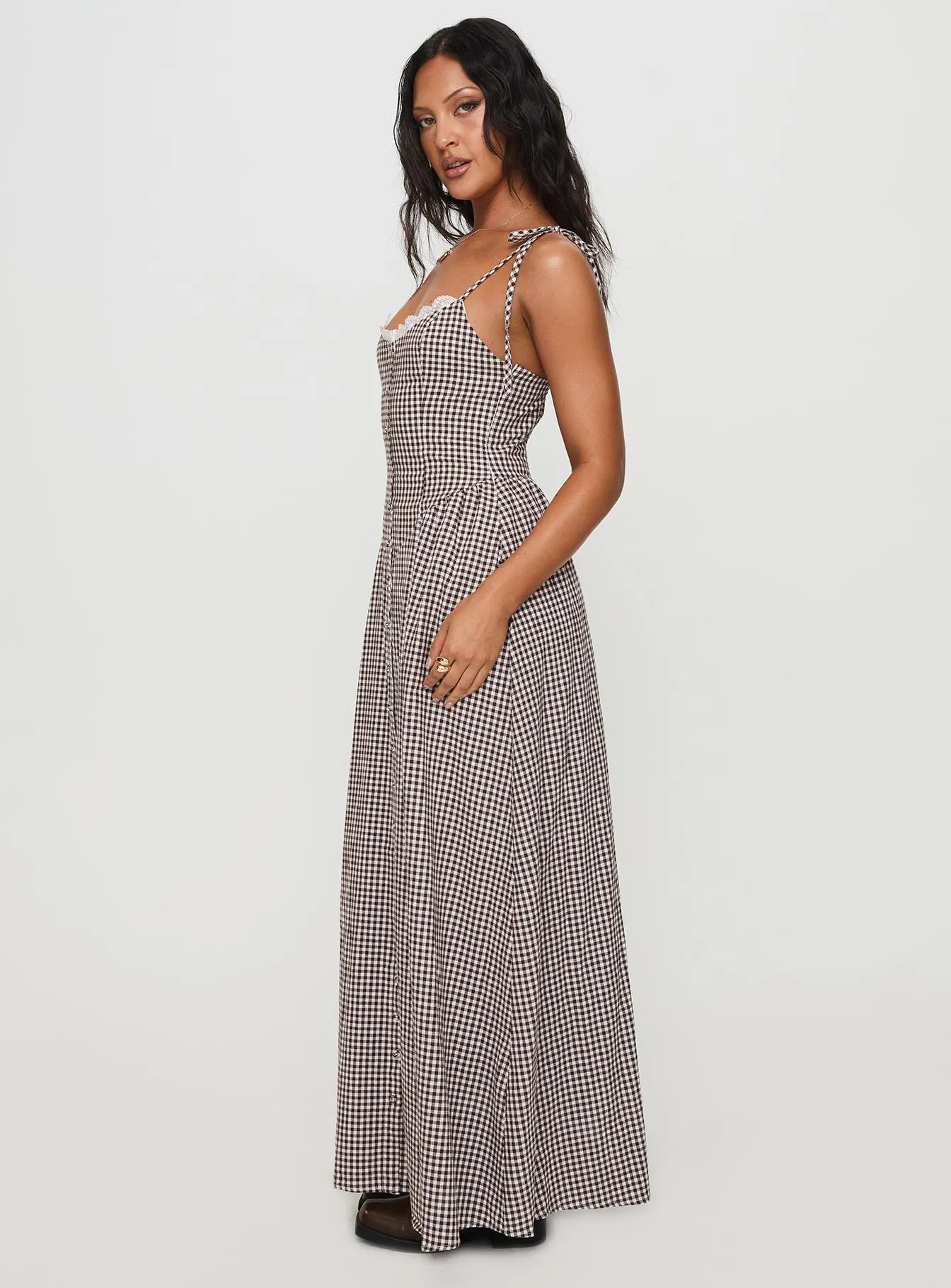 Dalanie Tie Strap Maxi Dress Brown Gingham Petite Classic long dress
