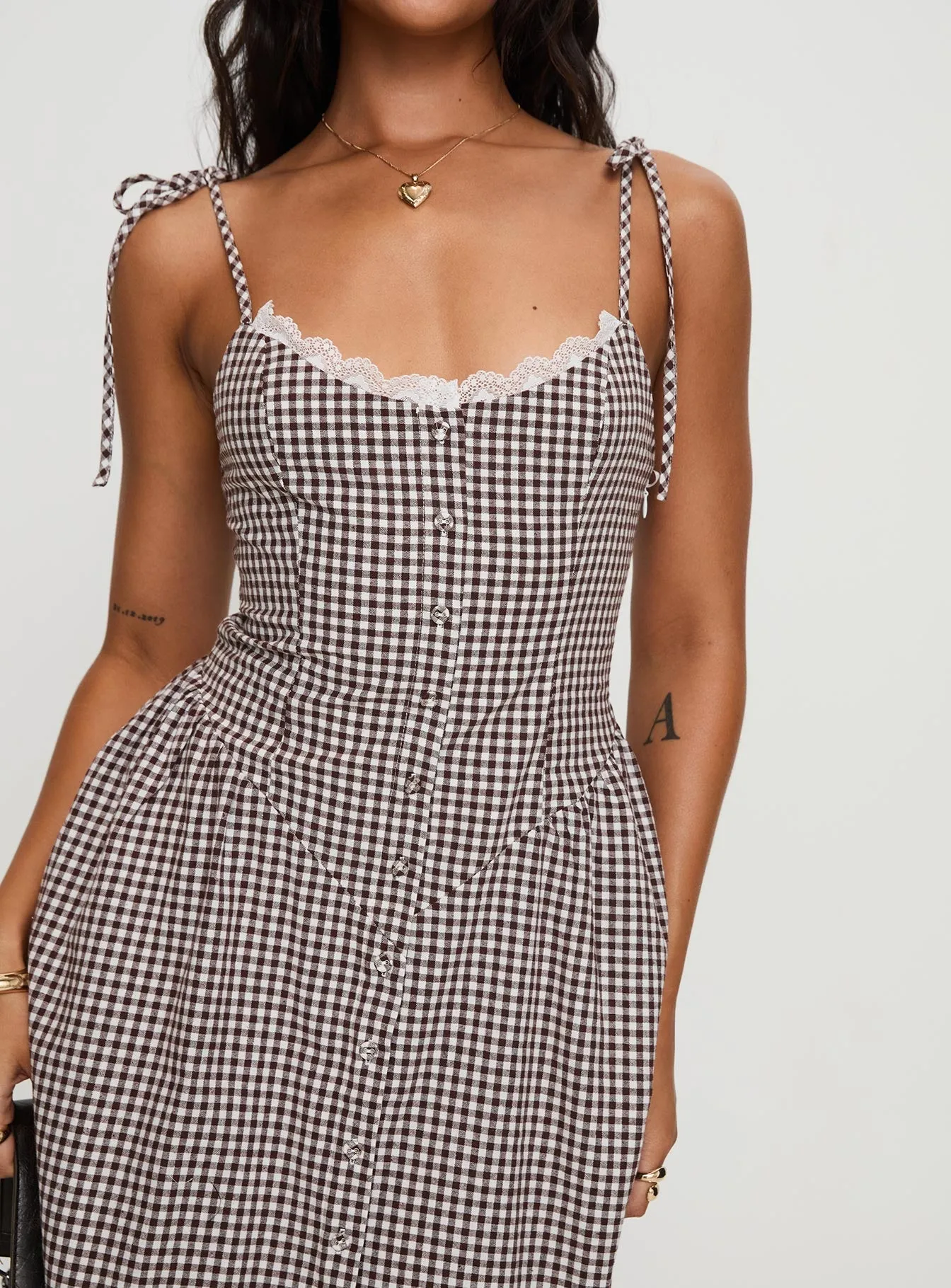 Dalanie Tie Strap Maxi Dress Brown Gingham Petite Voile Glow Ideal for both warm and cool weather this dress is a year-round wardrobe staple