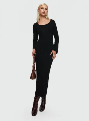 Mustard Pop Bead Work Malletti Long Sleeve Maxi Dress Black