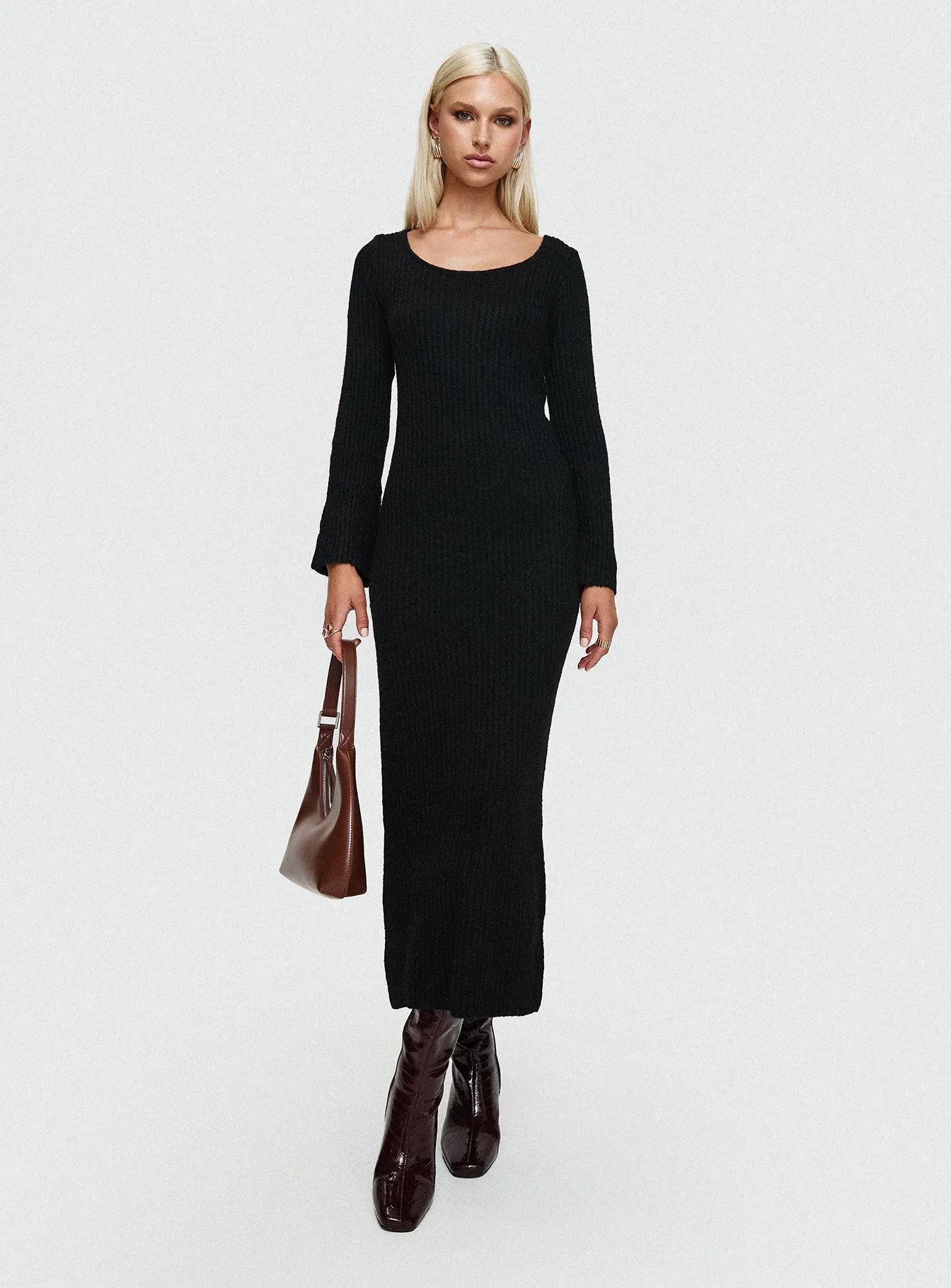 Crepe Glow Malletti Long Sleeve Maxi Dress Black