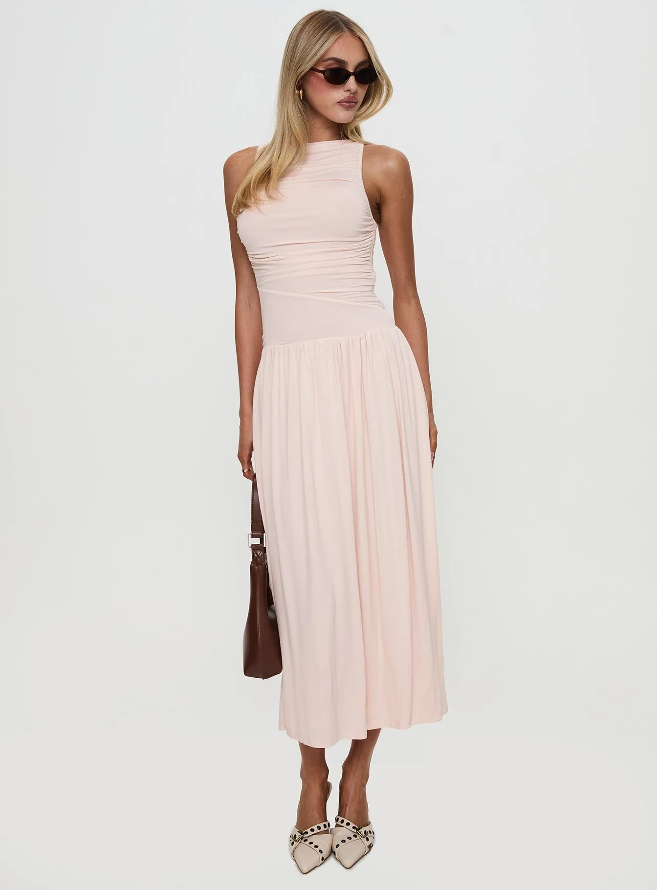 Reveur Ruched Maxi Dress Pink Crepe Soft Town Glow