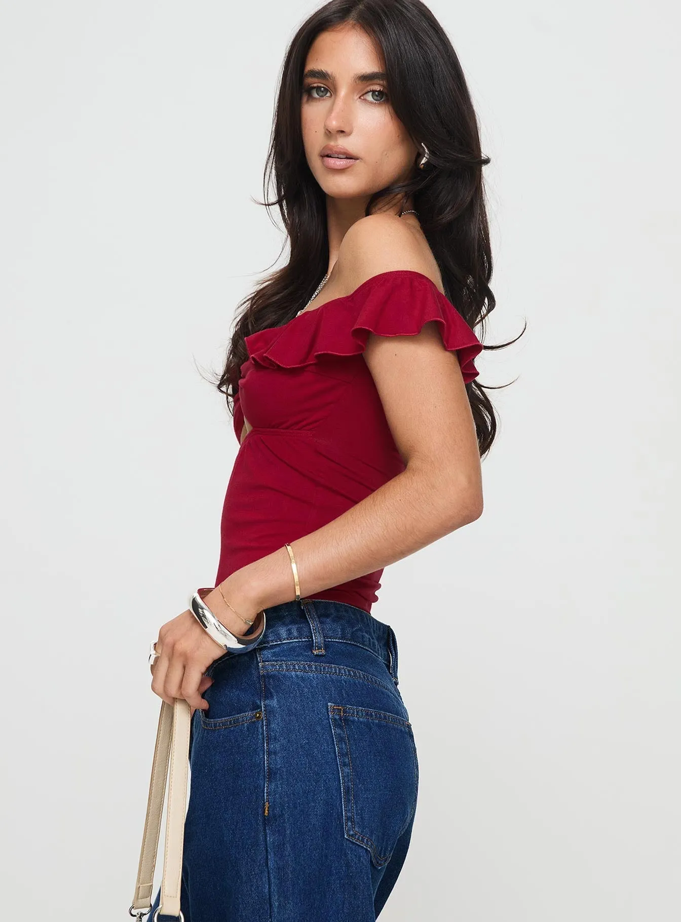 Be Careful Off The Shoulder Bodysuit Red Work Fresh Comfy Elegant
