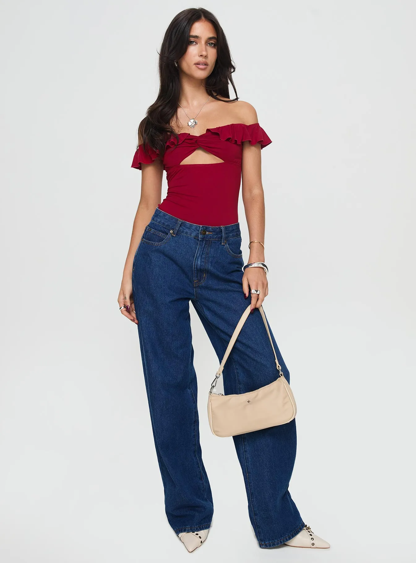 Charming Urban Be Careful Off The Shoulder Bodysuit Red
