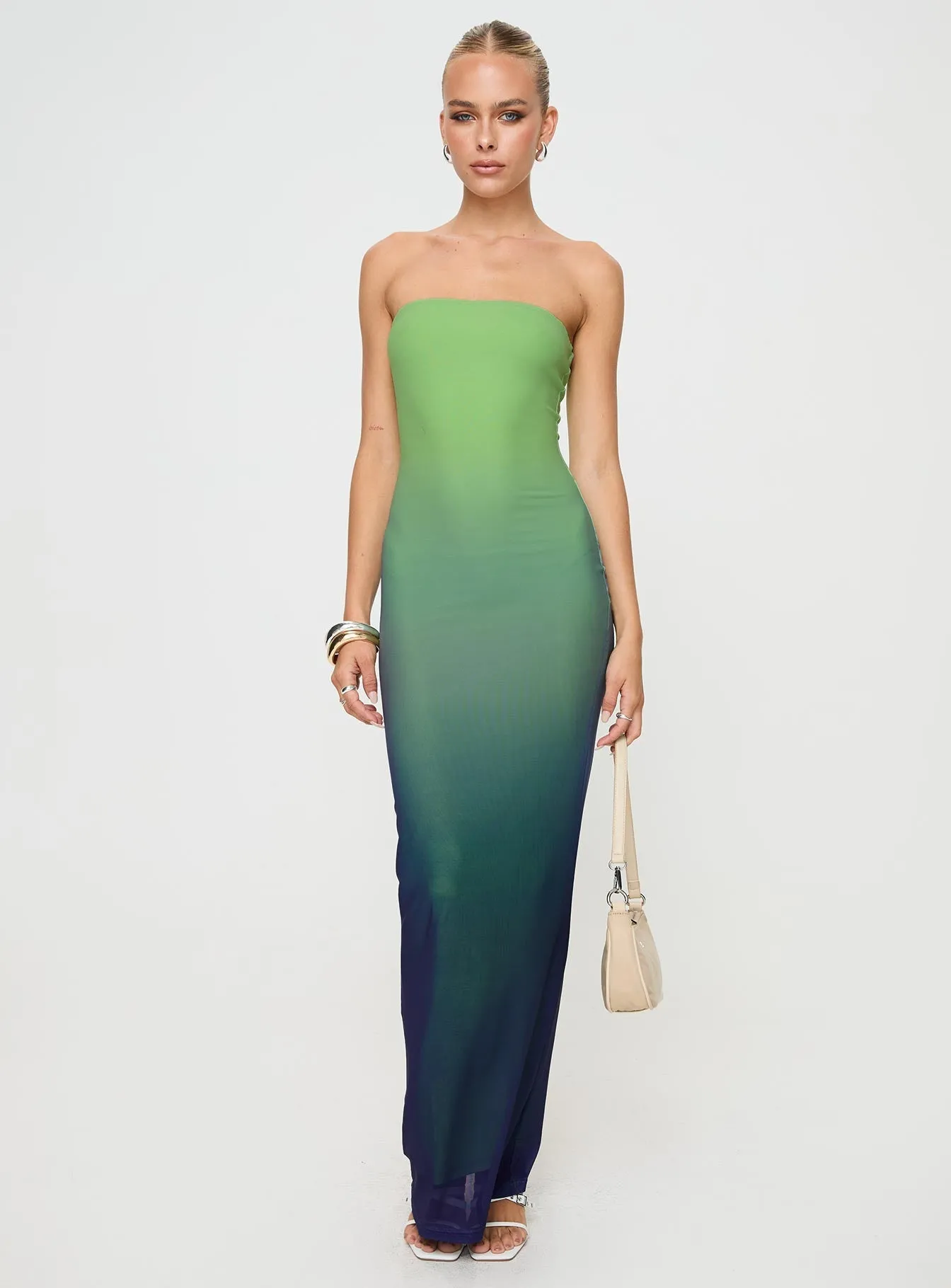 Stolen Love Strapless Maxi Dress Blue / Green Ombre Feather Soft